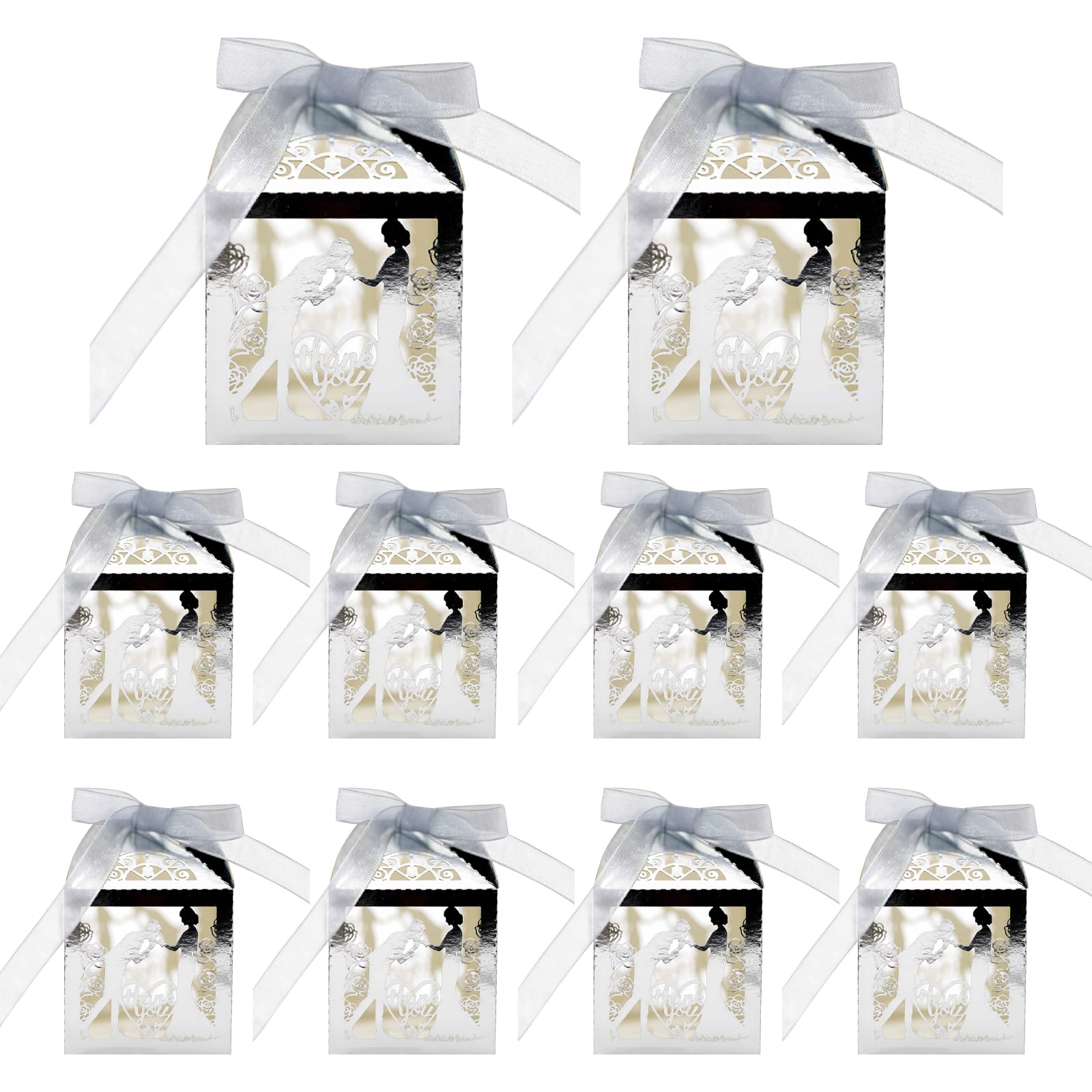 10 Piezas de Recuerdos de Boda Huecas Doradas y Plateadas con Cinta, Pequeñas Cajas de Regalo para Guardar Dulces de Chocolate para Bodas y Fiestas de Aniversario (plata)