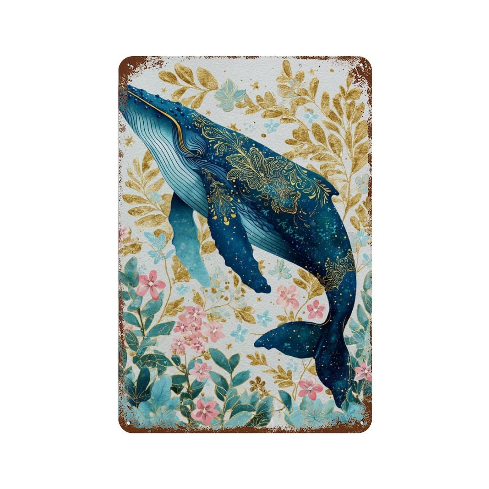 Whale Art Print, Ocean Decor 11.8"x7.9" Vintage Rust Metal Sign, Novelty Wall Decor for Living Room, Hallway And Home Decor
