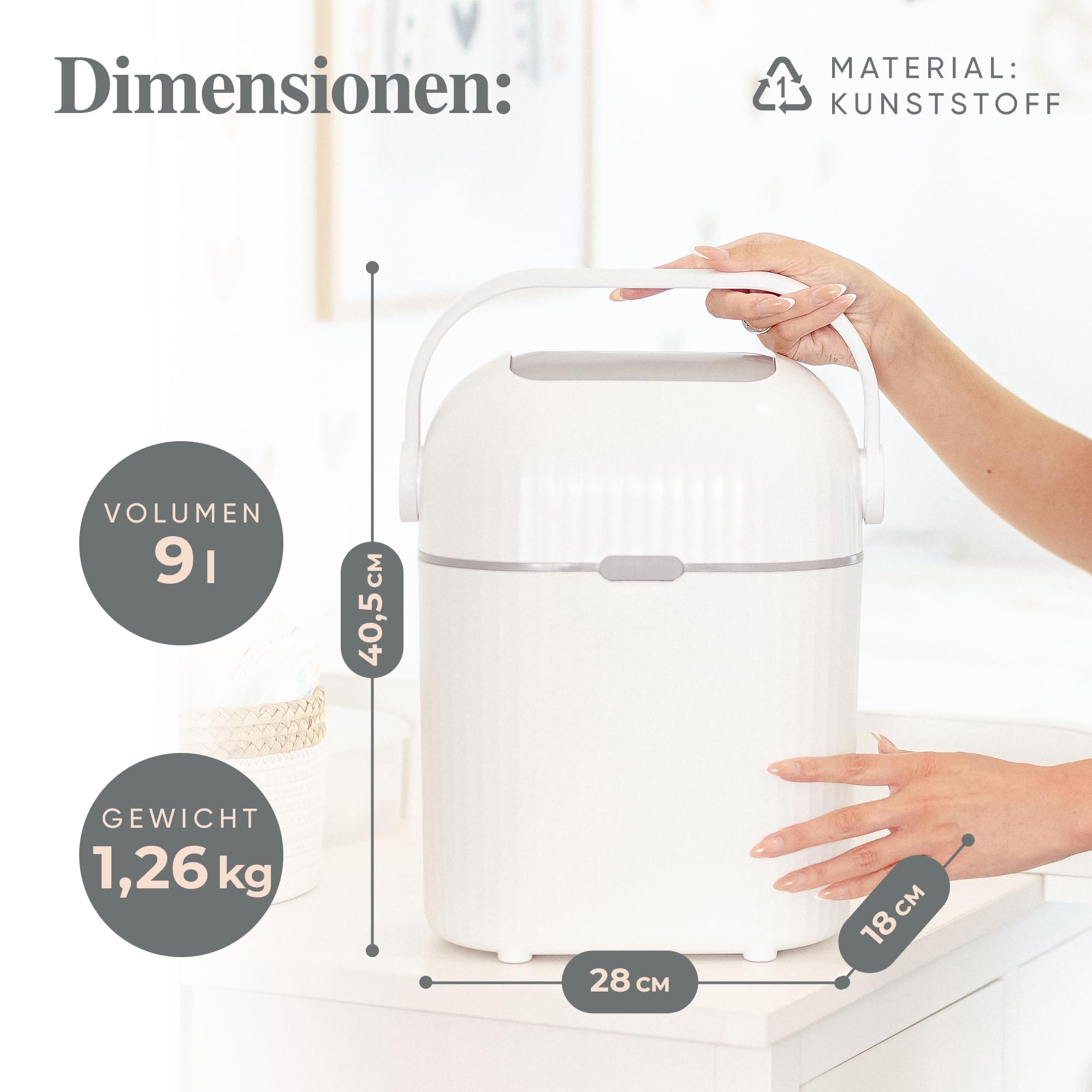 Windeleimer Geruchsdicht 9L I Kleiner Wickeltisch Windel Mülleimer - Windelmülleimer ohne Nachfüllkassetten | Geruchsdichter Wickeleimer Diaper Bin [Neuer verbesserter Drehmechanismus]