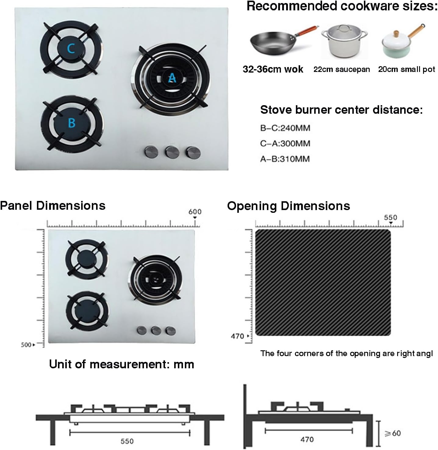 3-burner Gas Stove,Stainless Steel Square Tabletop/in,5.0KW High-Efficiency Wok Burner,with Flame Failure Protection Auto-Ignition,NG/LPG Compatible(NG)