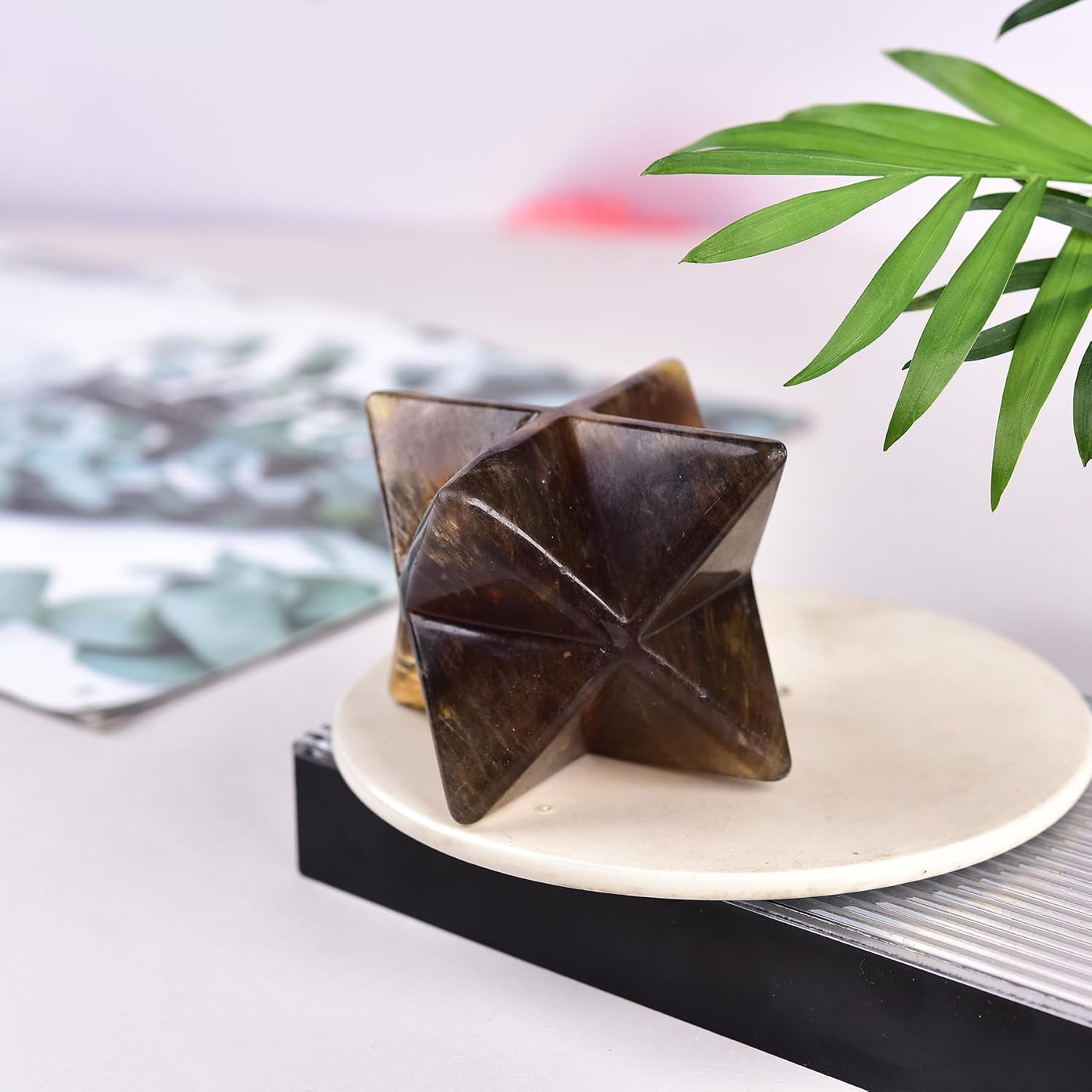 JIC Gem Large Merkaba Healing Crystal Natural Yellow Fluorite Merkaba Crystal Grid Home Decor Spiritual Gifts Reiki 3D Star Dodecahedron (10-11cm)