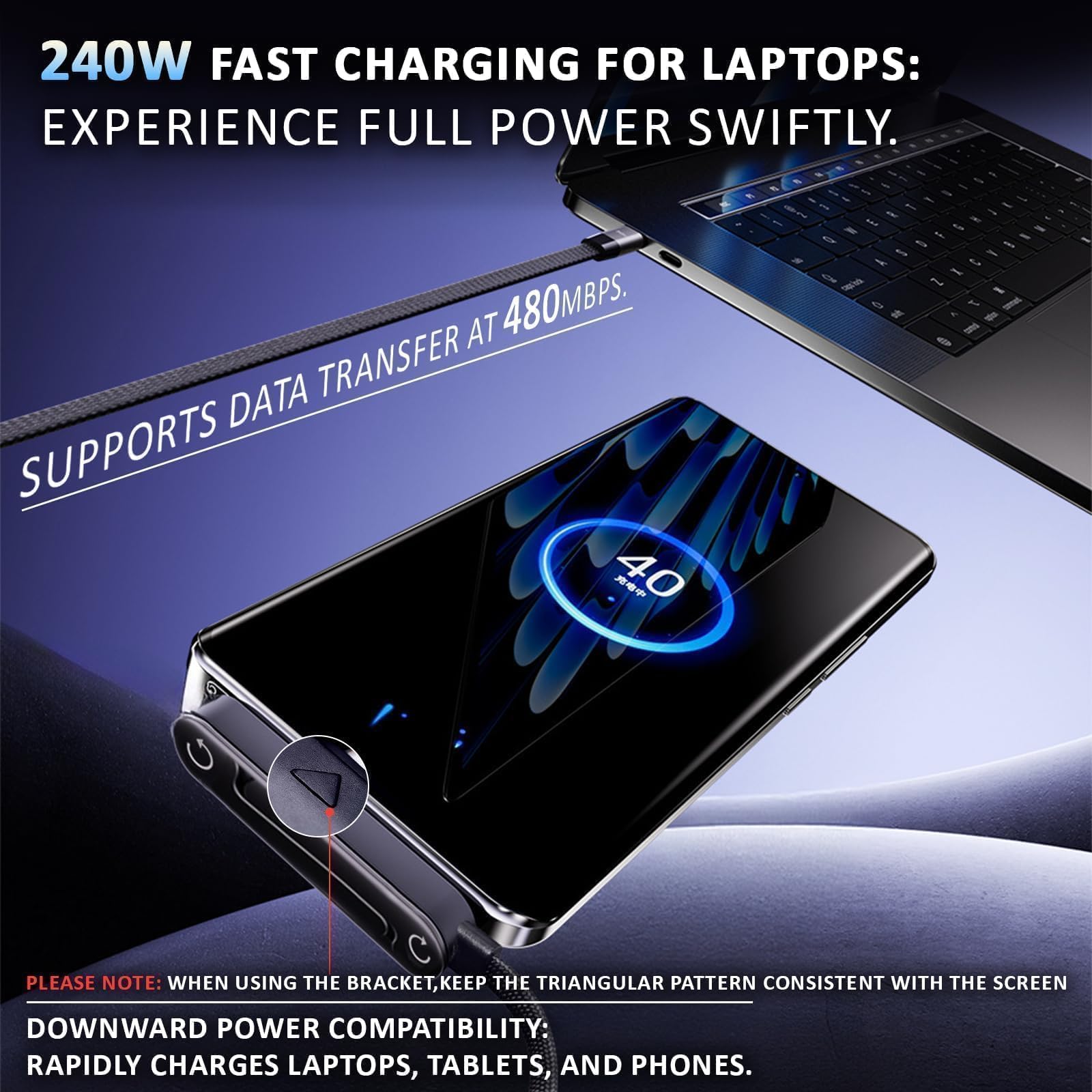 nnOuOnn Invisible Foldable Holder Charger Cable with Stand, 240w Fast Charging Stand Sideways Data Cables with Bendphone Accessories, Flat USB c 5 FT/150cm, for iPhone 17 Series, S25 S24 Ultra — view 6