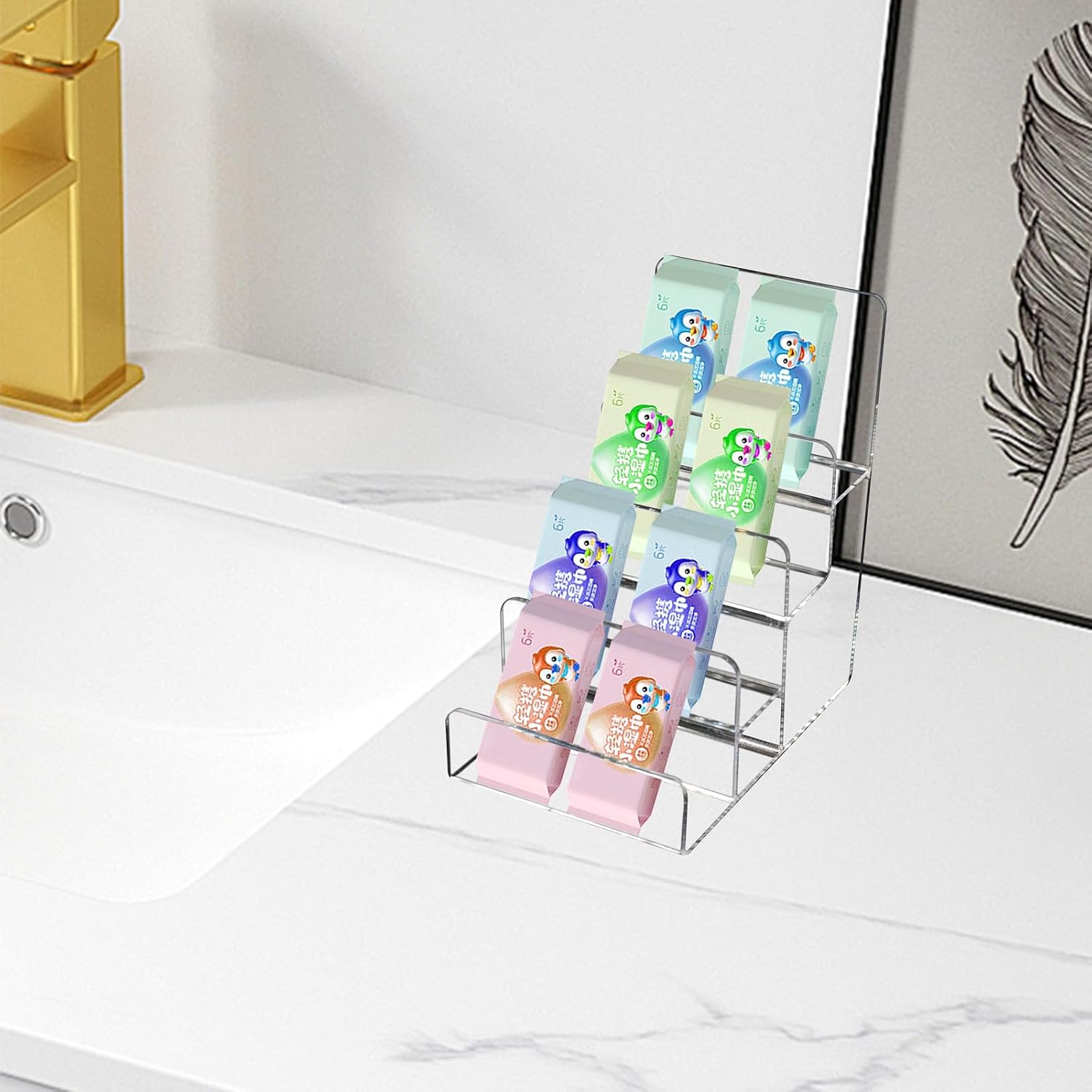 4 Tier Sticker Display Stand, Clear Stepped Sticker Holder for Vendor Events, Badge Stand Portable Shelf for Greeting Card Postcard Photo Brochure Display