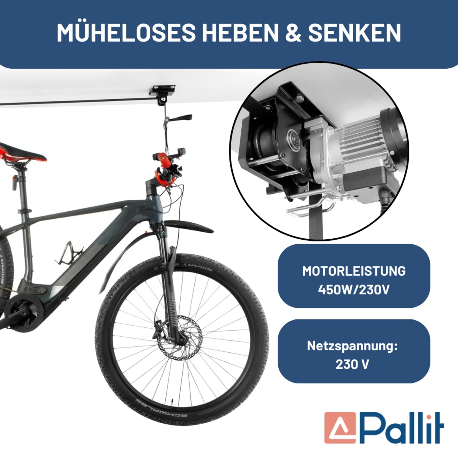Pallit Elektrischer Fahrradlift BIKELIFT 100 kg Tragkraft 3m / 3000 mm Hubhöhe Fahrradhalterung für Decke E-Bike Lift