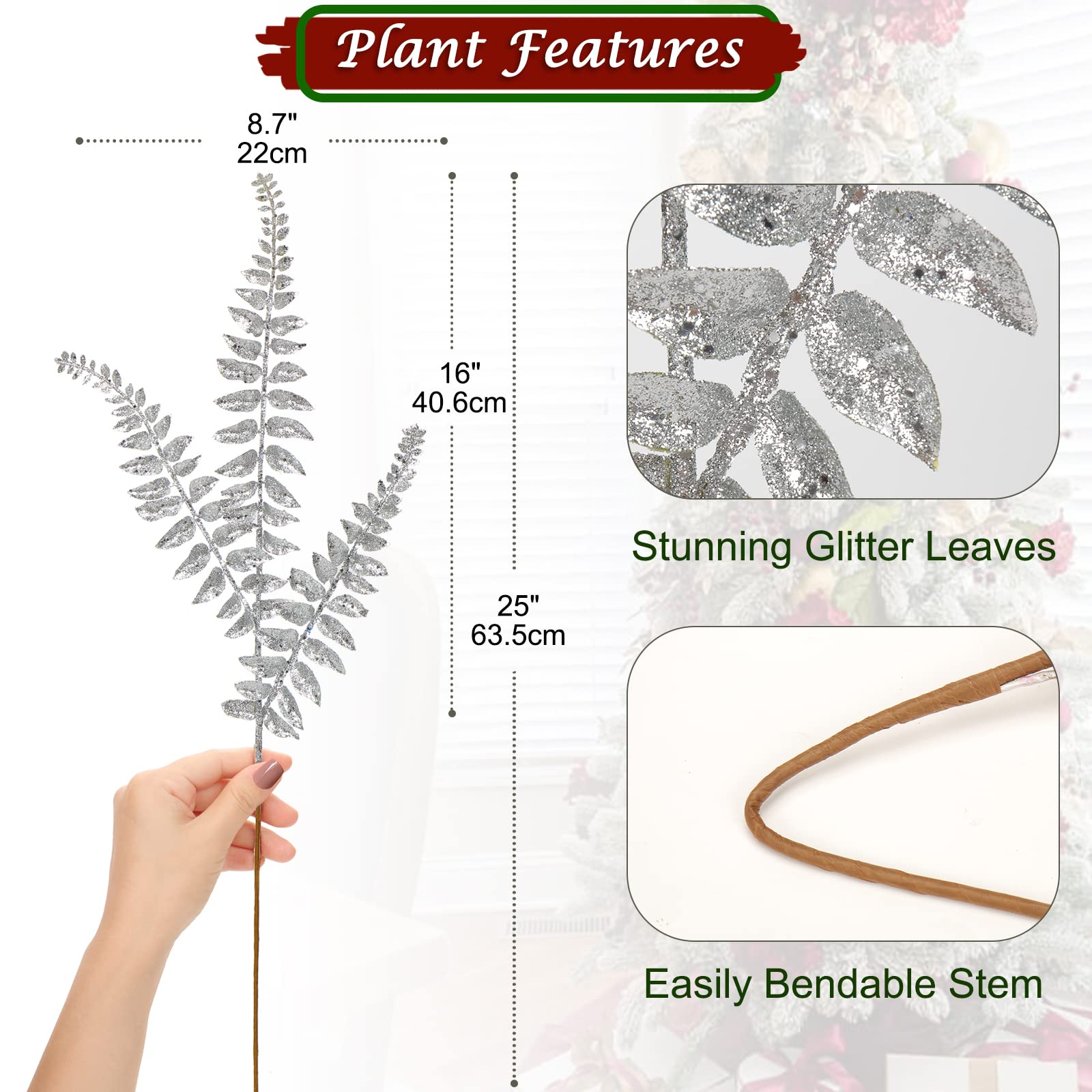6PCS Christmas Glitter Leaves 63cm Artificial Boston Fern Silver Glitter Leaf Floral Picks Christmas Tree Decorations Artificial Leaves Stem for Xmas Tree Ornaments New Year Flower Arrangment - Image 2