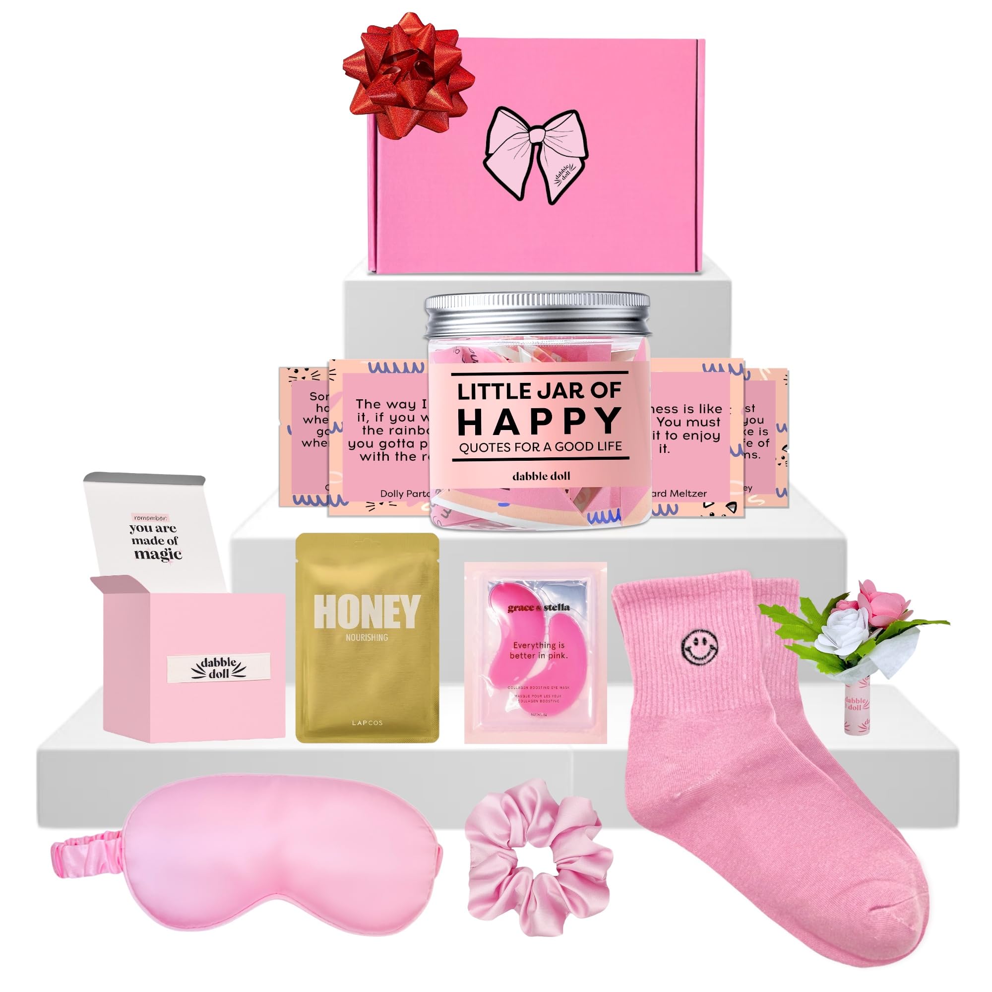 Happy Gift Set – Spa Pamper Kit, Smile Socks, Motivational Gift Box with Uplifting Quotes, Silly Sleep Mask | Self-Care Gift Box for Women, Mother's Day (Premium Gift Set)
