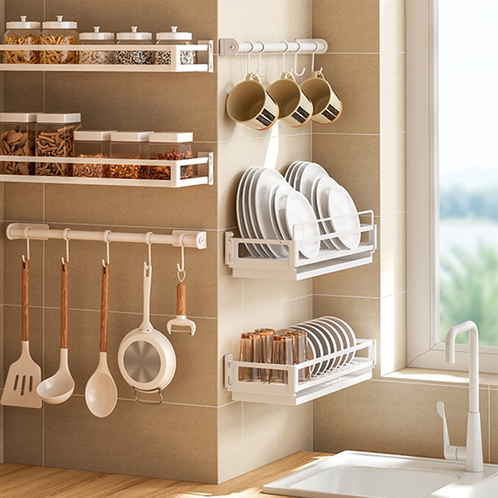 Escurridor De Platos De Pared, Soporte Para Utensilios, Organizador De Estantes Para Utensilios De Cocina, Soporte Para Tazones, Estante De Almacenamiento De Platos De Acero Inoxidable Con Bandeja De