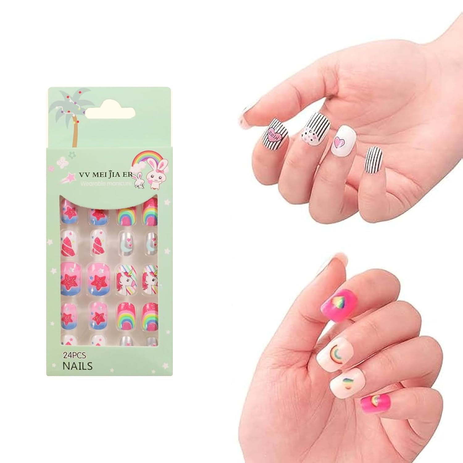 MILAPARK CRAFTS 24 Pcs Kids Press On Nails for Girls – Assorted Cute Cartoon Designs (Unicorn, Rainbow, Stars, Hearts, Cupcakes & More) | Acrylic False Nails, Reusable, Easy to Apply, Gift for Birthday & Party (Multicolor, 1 Box)