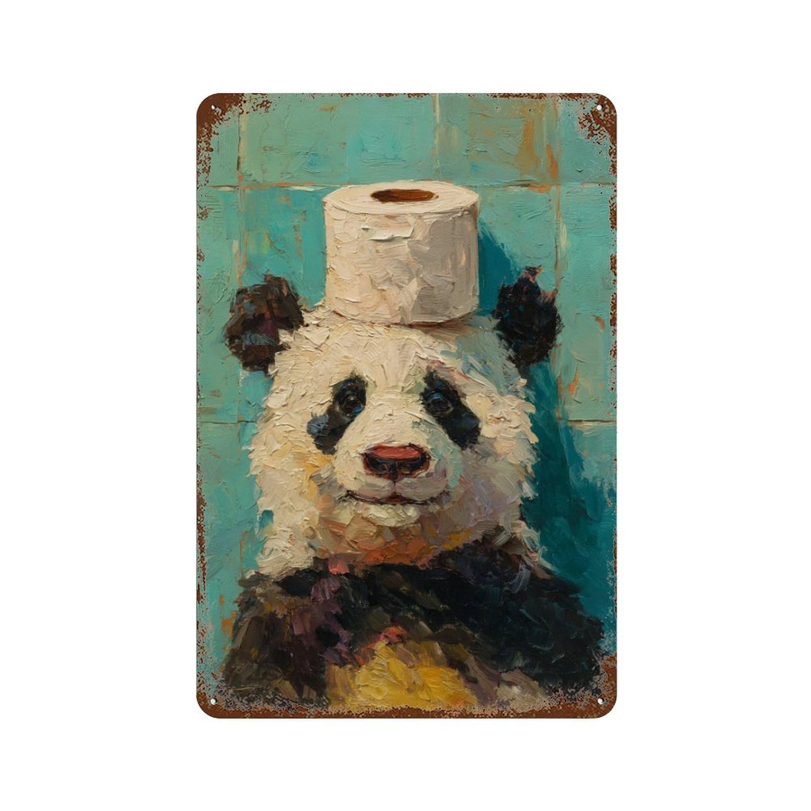 Panda with Toilet Paper Oil Painting Weathered Tin Sign 11.8"x7.9", Rustic Home Decor for Garage, Pub Or Kitchen
