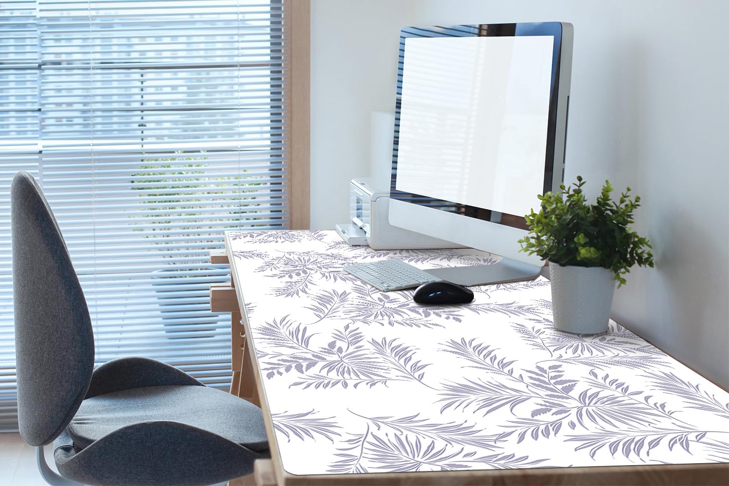 Sottomano da Scrivania 120x60 cm per Ufficio e Casa Impermeabile Protezione e Decorazione Superficie Protettiva Antiscivolo Facile da Pulire in Vinile PVC - Foglie grigie