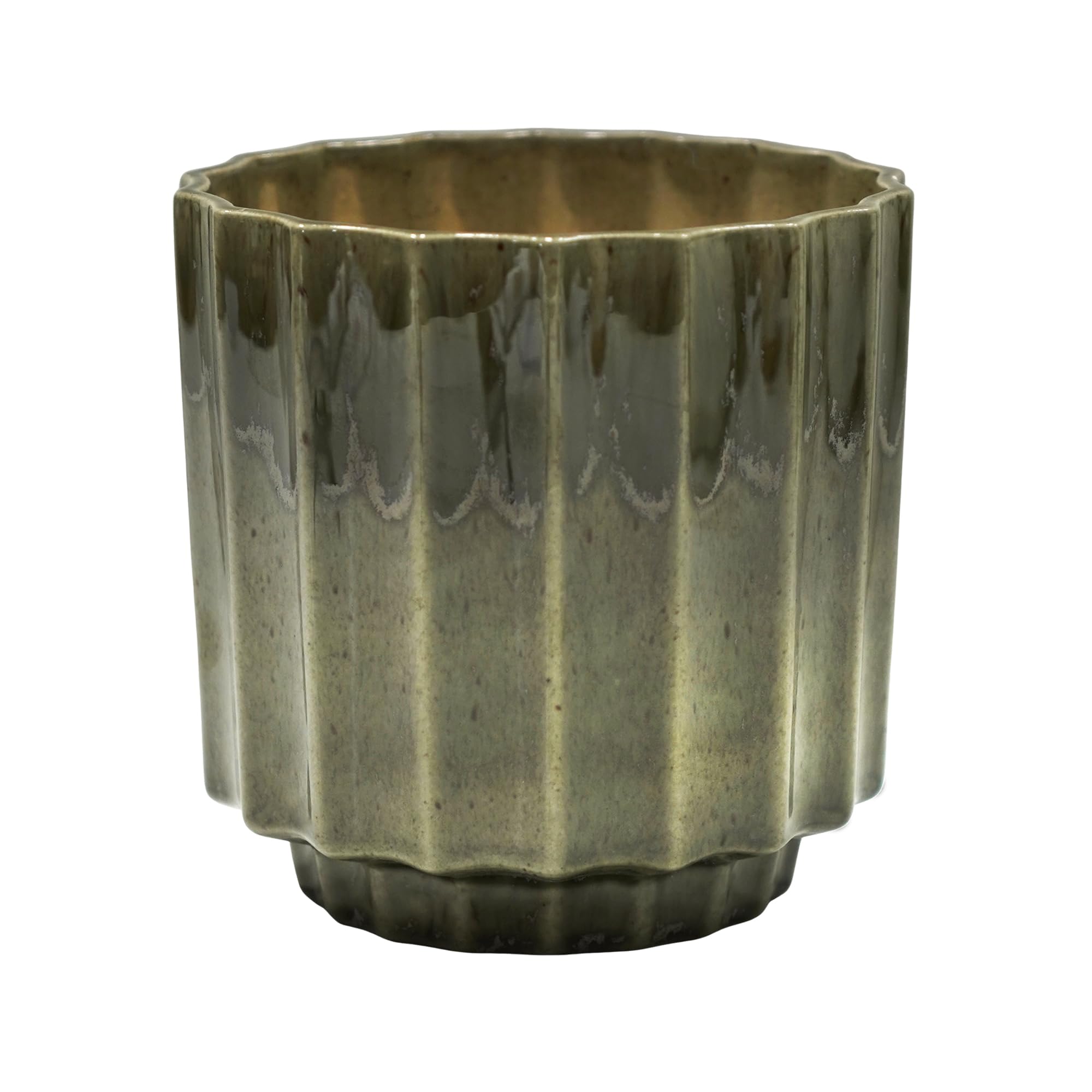 Ivyline Green Reactive Lugano Scalloped Reactive Planter In Green - Waterproof And Lightweight - Indoor Ceramic Houseplant Pot With Reactive Glaze - H13cm X D13cm