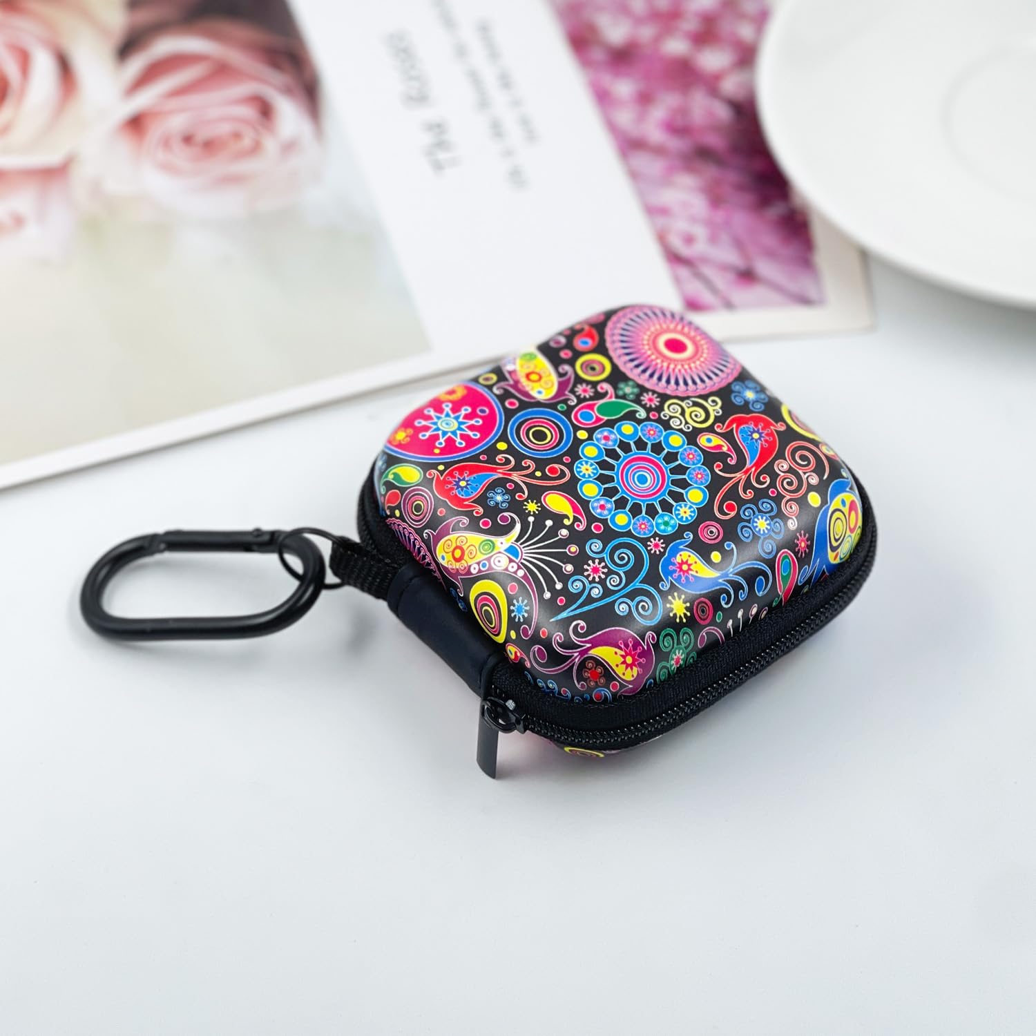 Square Earbud Case Headphone Organizer Ear Bud Case Portable EVA Carrying Box Storage Bag With Carabiner For AirPods Beats Bose Galaxy Buds 3 Data Cable Storage (Cactus