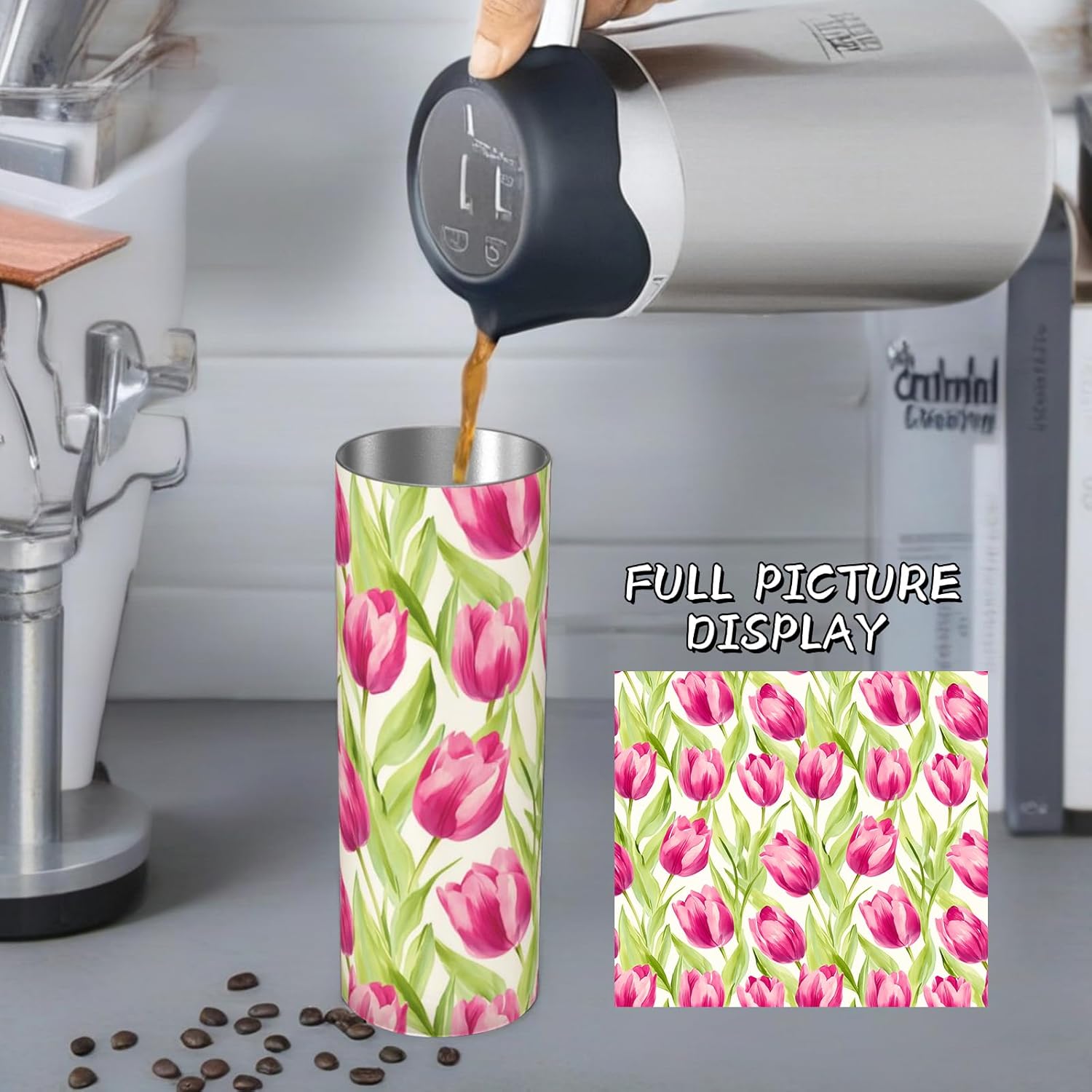 Tulip Floral Stainless Steel Insulated Tumbler with Lid - 20oz Pink Flower Travel Mug, Reusable Metal Straw & Brush, Double-Wall Vacuum Bottle Cup for Hot and Cold Drinks, Gifts Women - Image 3