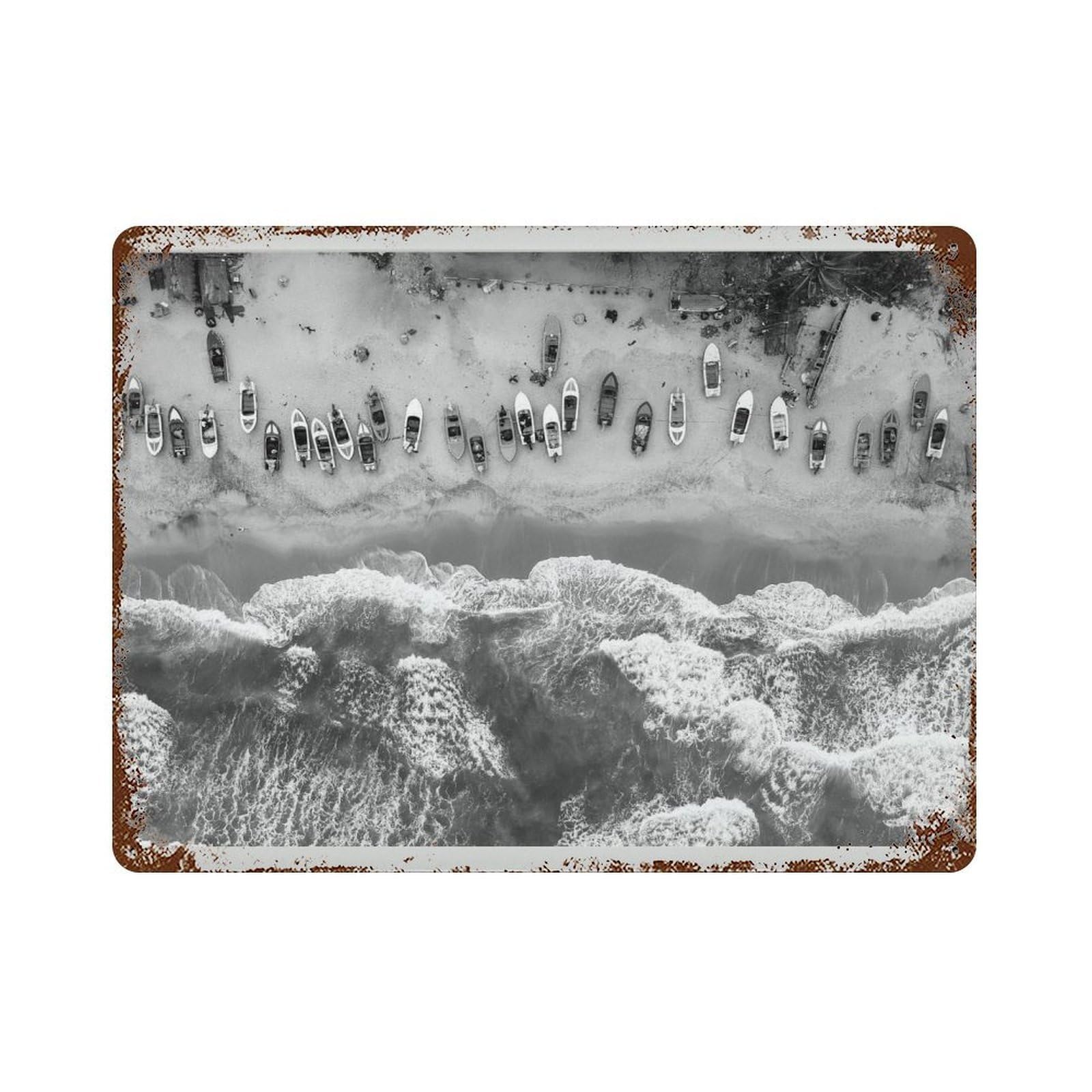 xiaoxiaoshen Black And White Aerial Beach Ocean Waves Coastal Art Wall Decor Art Metal Tin Poster Modern Home Decor Art Home Bar Shop Decorations Vintage Sign 30x40cm