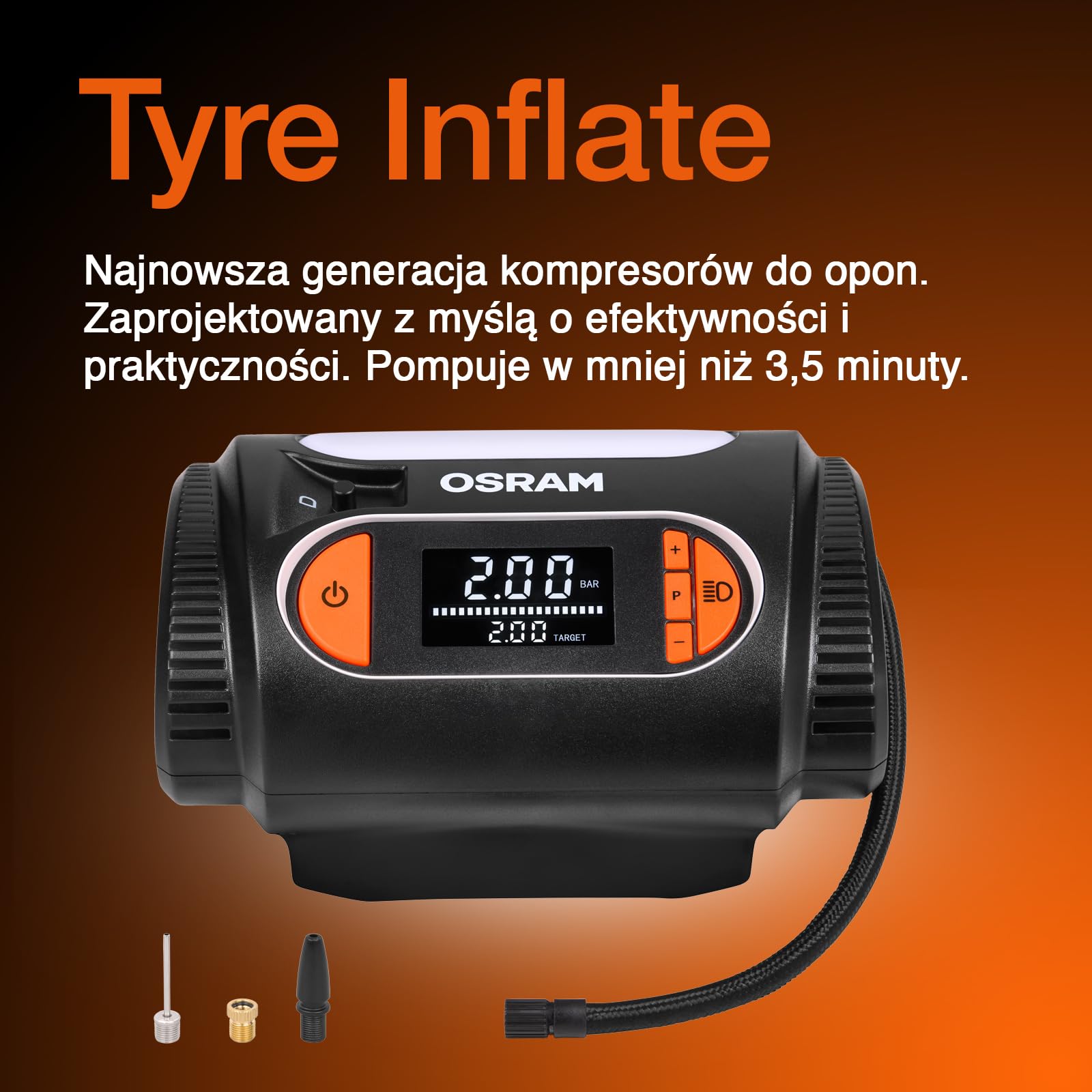 OSRAM TYREinflate 2120, duży wyświetlacz cyfrowy, programowalna funkcja automatycznego zatrzymania, kabel zasilający z bezpiecznikiem 12 V DC, pompowanie opon w 3,5 minuty