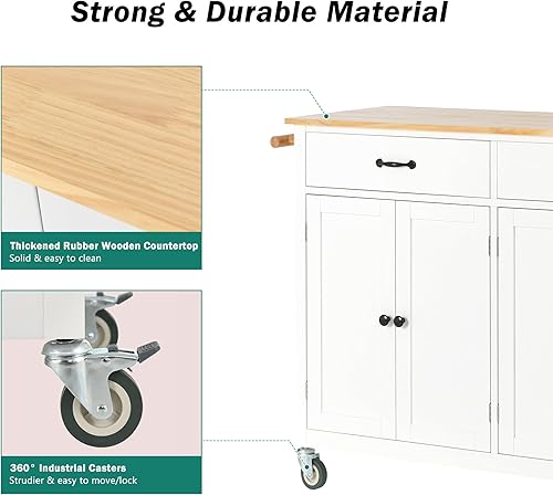 Miniatura 96 de LUMISOL Carrito de isla de cocina con ruedas de bloqueo con 2 cajones y 4 gabinetes, isla de cocina rodante con estantes ajustables, mesa de madera