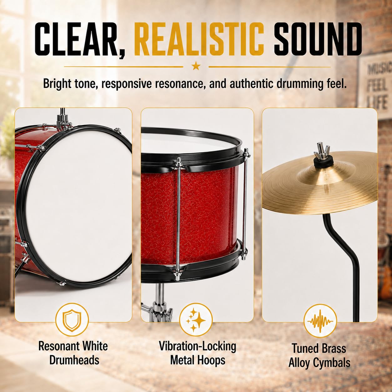 35.6 cm Kids Drum Set, 3-teiliges Junior Anfänger Schlagzeug Set für Kinder mit Becken, verstellbarem Hocker, zwei Paar Drumsticks, Pedal & Schraubenschlüssel - Rot