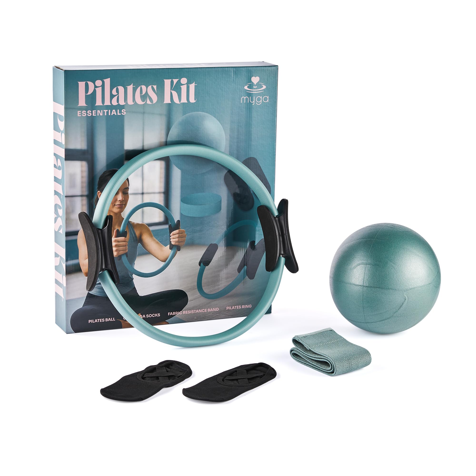 Myga Pilates Ring Set – 4-Piece Pilates Kit with Magic Circle, Anti-Burst Ball, Fabric Resistance Band & Non-Slip Grip Socks – Lightweight & Durable for Strength Training, Toning & Flexibility (Teal)
