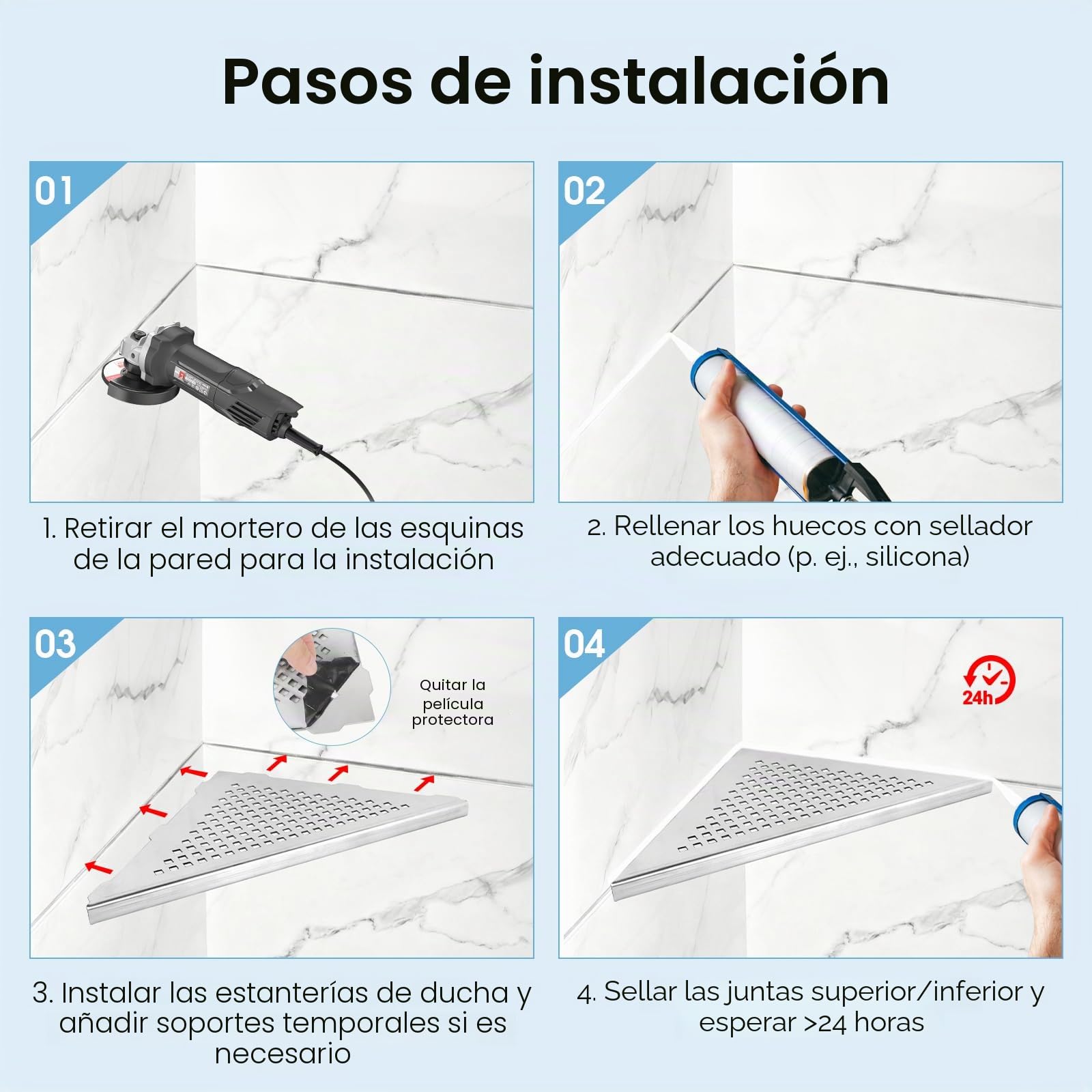 3 Piezas Estante de Esquina para Ducha de Acero Inoxidable 304 Estante de Esquina de baño sin taladrar, Repisa de Ducha con diseño de Rejilla (Acabado Cepillado Integrado, 254 mm x 254 mm)