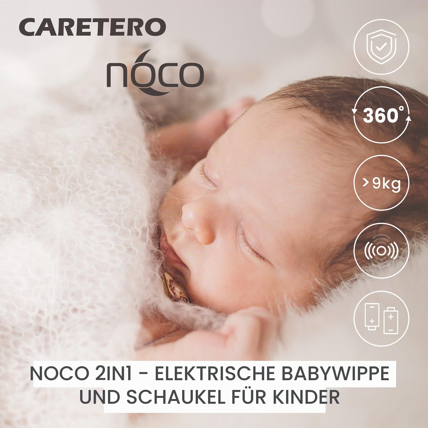 CARETERO - NOCO Baby Rocker - für Babys 0-12 Monate - mit Musik, 360° Drehsitz, Verstellbarer Rückenlehne - Verschiedene Schaukelmodi & Geschwindigkeiten - Graphit