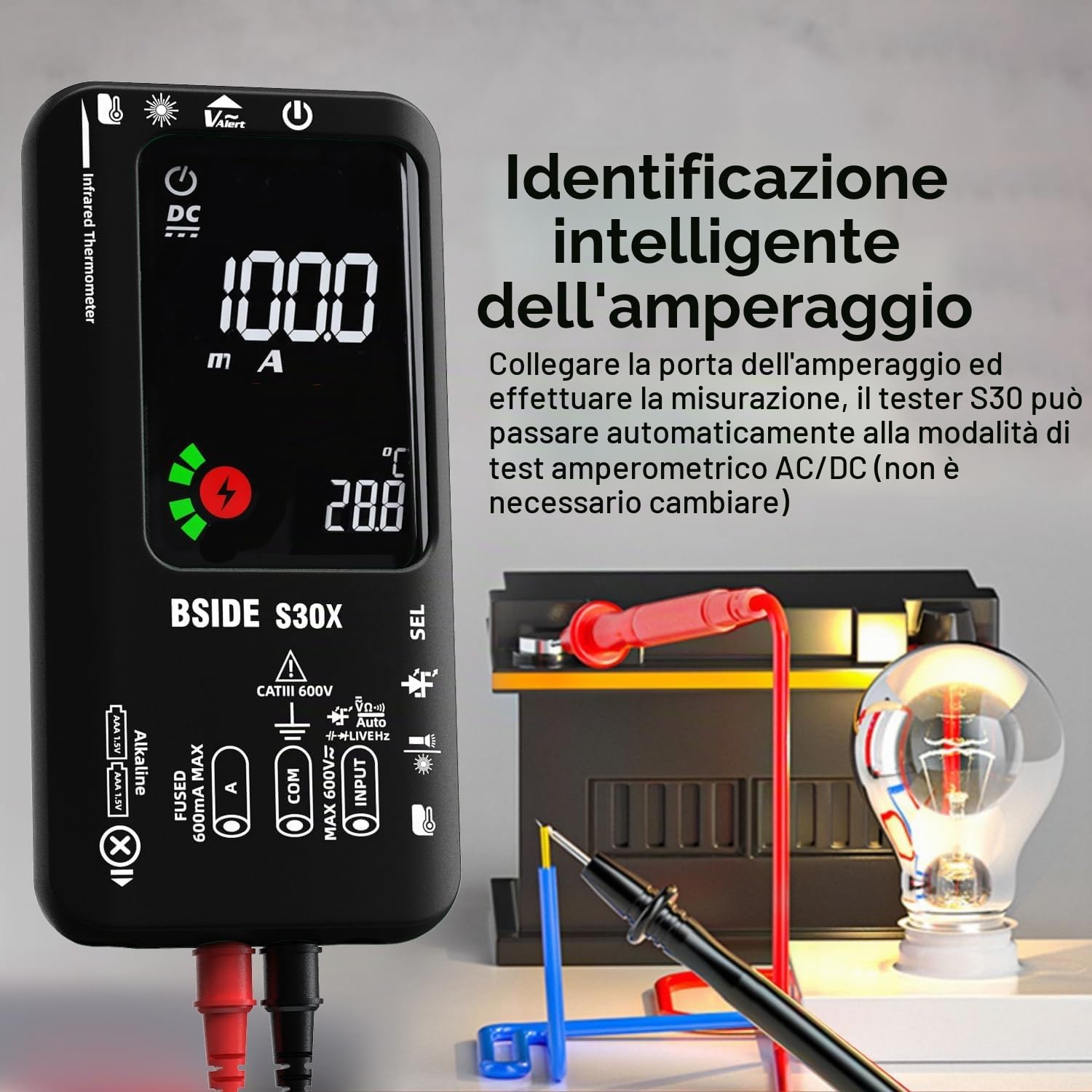 BSIDE Kit Multimetro Digitale Intelligente e Rilevatore di Tensione Senza Contatto S30X+X1 con Clip a Coccodrillo Tester di Tensione Corrente Capacità Ohm Continuità Temperatura e Luci LED Cercafase