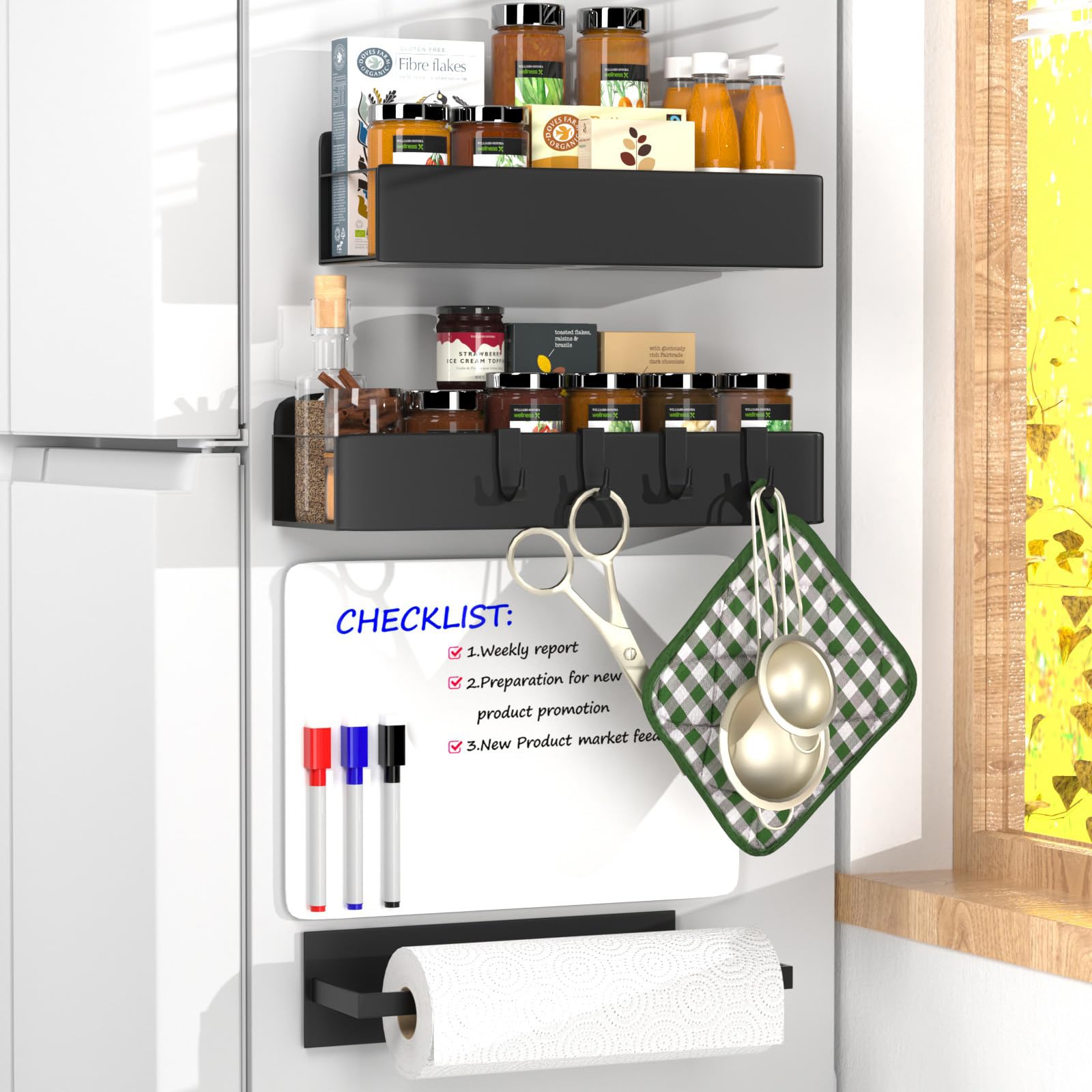 Paquete de 4 estantes magnéticos para especias para refrigerador, estante magnético de metal negro con soporte para toallas de papel, pizarra blanca, 3 marcadores, 4 ganchos, ahorro de