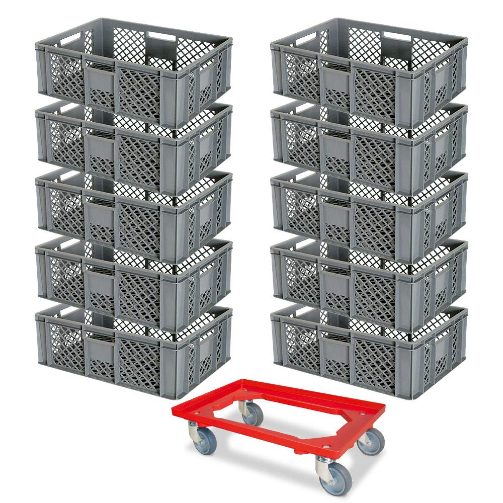 Lot de 10 bacs Euro - L x l x h : 600 x 400 x 240 mm - Qualité alimentaire - Gris - Avec un rouleau de transport - Rouge