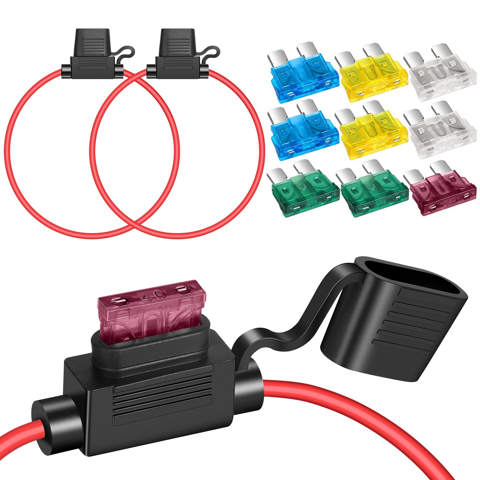 2 Pack 12 AWG Inline Fuse Holder 11.8 Inch 12V ATC/ATO Blade Fuse Holder with Waterproof Cap, 15A/20A/25A/30A/40A Blade Fuses 2 Each for Marine, Golf Cart Lighting, Circuits, Auto RV Fuses.