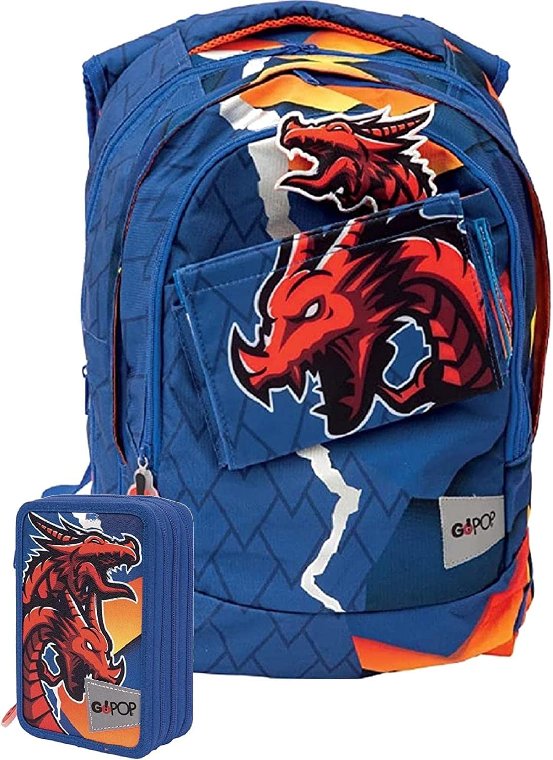 Gopop Schoolpack Zaino Scuola Dragone 40x30x18 cm + Astuccio 3 Zip Completo con Colori + Omaggio Mini Torcia