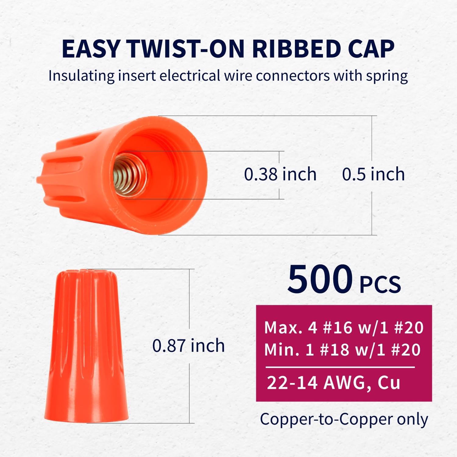 500 PCS Electrical Insulating Wire Connectors kit, Metal Spring Terminal Nuts, Wire Caps for Quick Wiring Connection, Easy Twist-On, AWG22-14, UL Listed, Orange