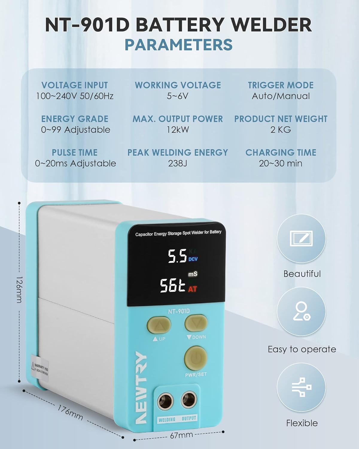 Image displaying the parameters of the NT-901D Battery Welder.