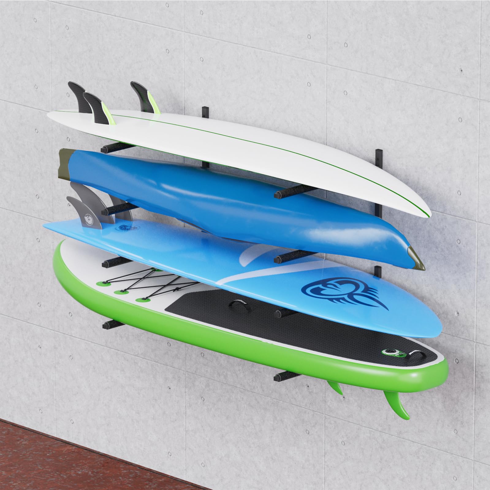 QLS Wandhalterung Wandbefestigung Haken Regal Aufbewahrungs Halter für Surbfett SUP Boardhalter Schutzschaum Werkstattregal Stahl- 2 Ebenen Schwarz