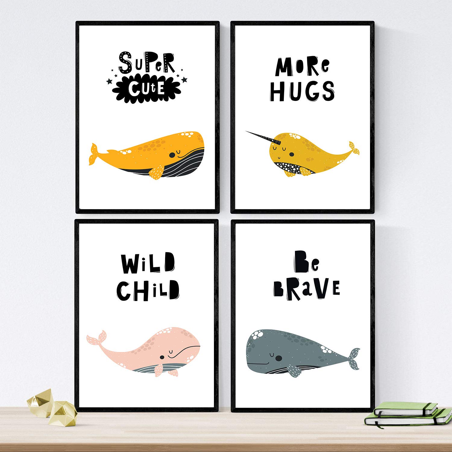 Nacnic Pack of four posters with pictures of whales. Leaves with children. Pictures of whales. Whales hug beautiful and bold words wild. A3 size without frame - Image 2