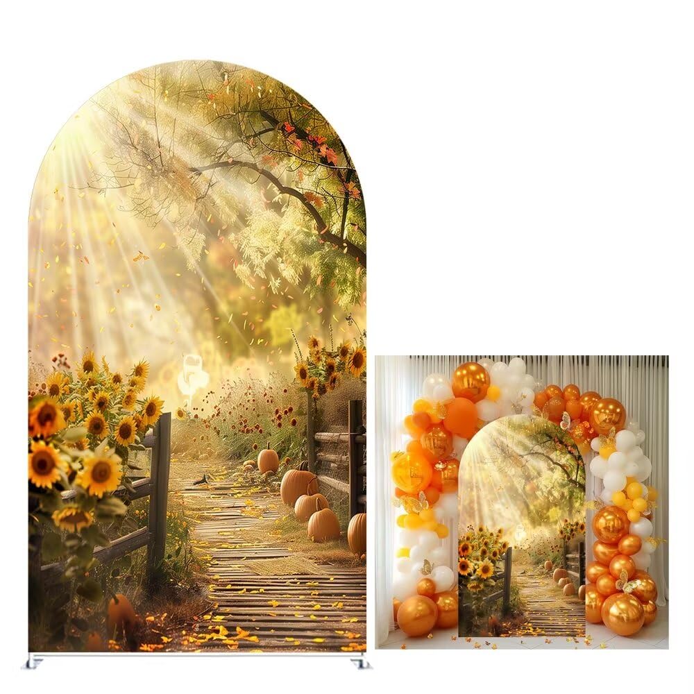 KONPON Fall Maple Leaves Arch Background Covers for Thanksgiving Party Decoration Sunflower Pumpkin Stretchy Arched Stand Cover Props(Only Cover)