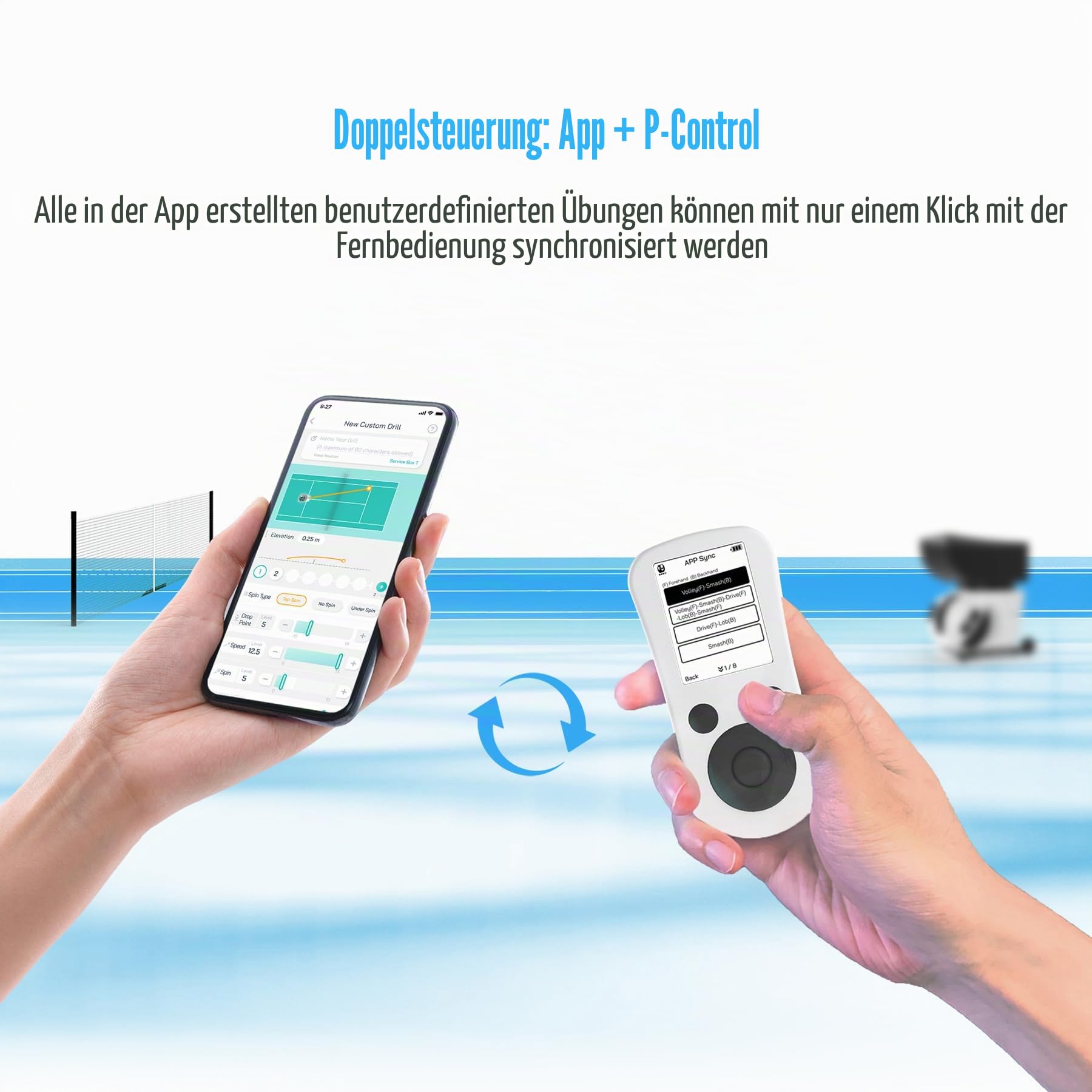 PONGBOT Tennisball-Maschine, App und Fernbedienung, benutzerdefinierte Bohrer, 150 Bälle, max. 80 km/h, 8+ Stunden Ausdauer, Dual-Motor für Topspin und Backspin