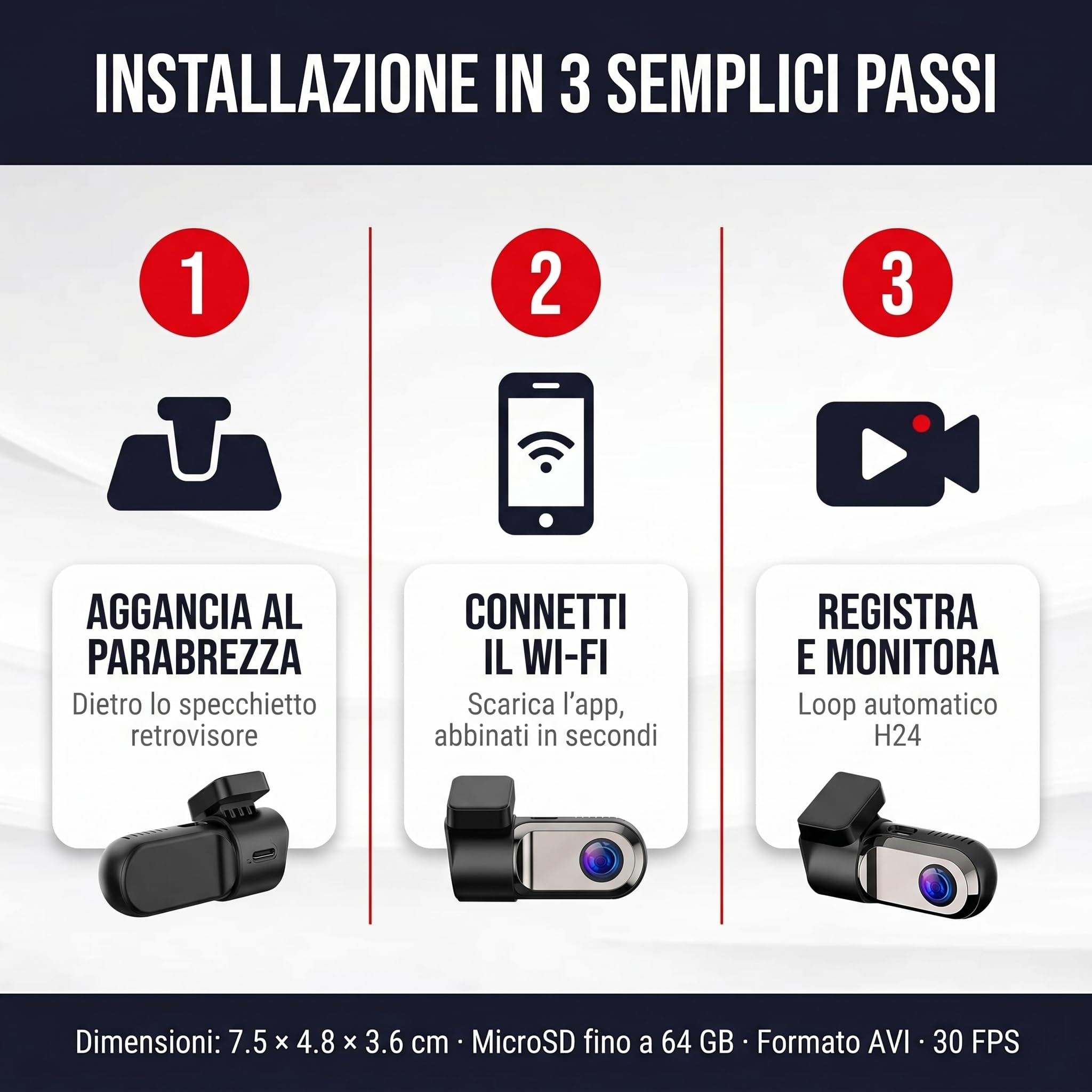 Dash Cam Auto mini Full HD 1080P – Videocamera Auto Grandangolare 120° con Visione Notturna, Monitoraggio Parcheggio 24h, Sensore G, Registrazione in Loop – Senza Schermo visione su cellulare