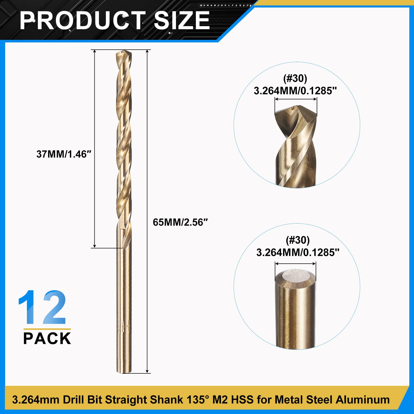 PATIKIL 3.3mm Drill Bit #30, Jobber Straight Shank M2 High-Speed Steel 135° Gold for Stainless Steel Hard Metal - 12 Pack - Image 2