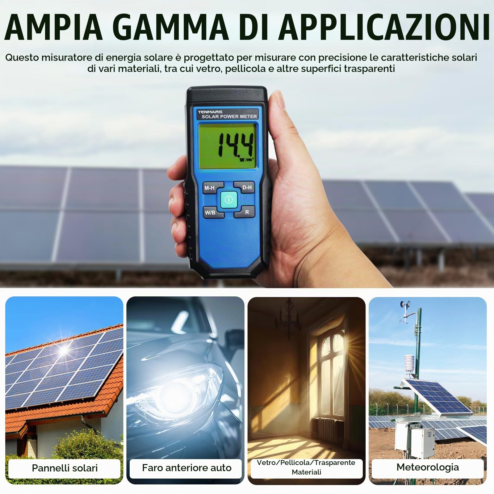 Handheld Digitale Solare Energia Metro (Piranometro) 2000 W/m2, 634BTU / (ft2xh) Misurazione Solare Radiazione Energia Insolazione Tester