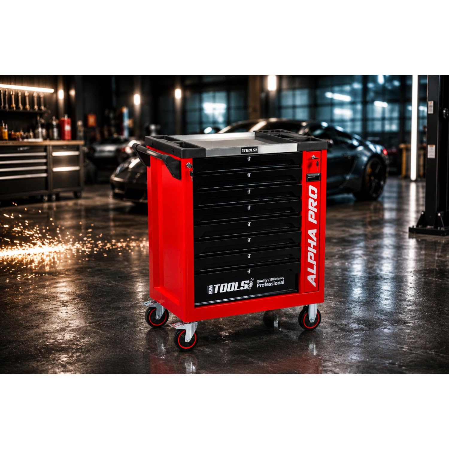 BM TOOLS Servante d'Atelier Garage Automobile Alpha-Pro - 9 Tiroirs - 311 Outils, 4 Roues, 2 Freins, Chariot Mecanicien - Rouge