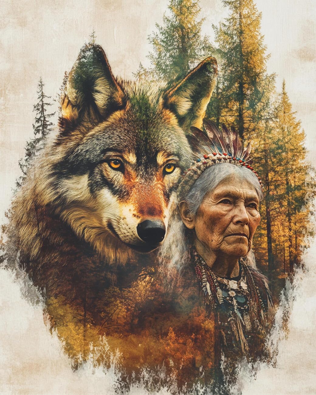 RKFLGEW Animal 14CT Pre Printed Cross Stitch Kits Indians and Wolves Cross Stitch Starter Set for Adults DIY Needlepoint Kits Embroidery Patterns Home Decoration 40x50cm