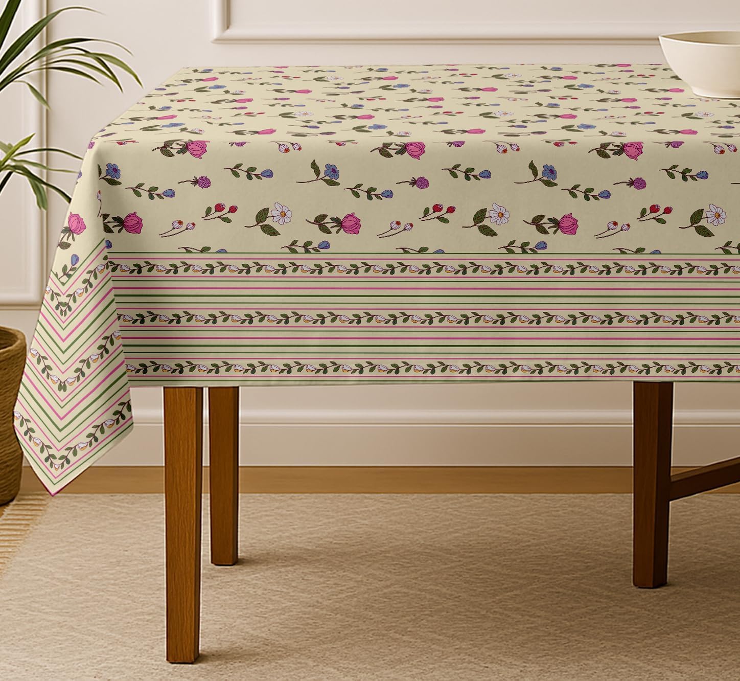 Floral Theme Cotton Tablecloth - Beige 54X54 Inch Dining Table Cover, Fits 4 to 6 Seater Tables, Strong Beige Stylish, Machine Washable, Perfect for Family Meals, Parties