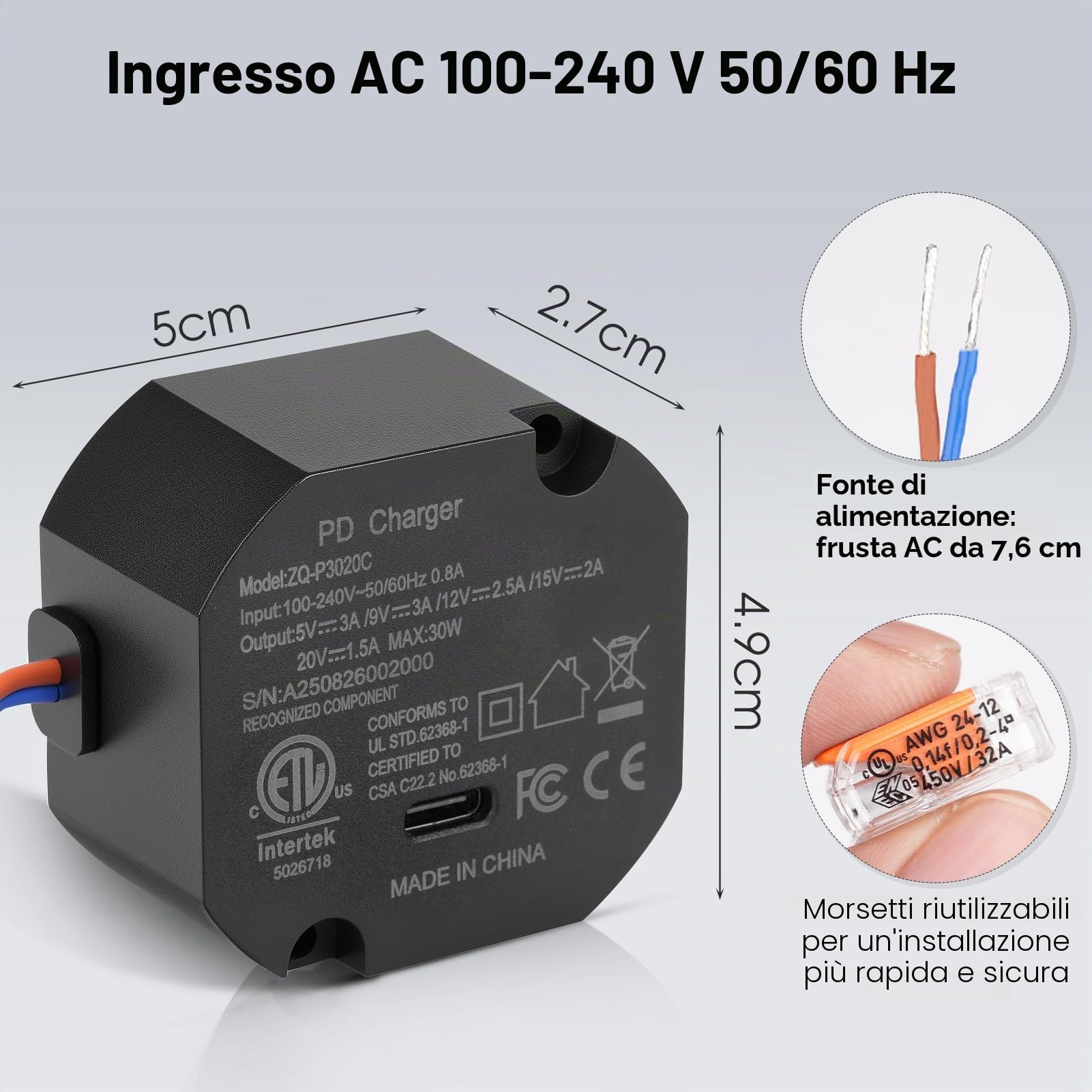 Alimentatore Tablet USB C da Parete 30 W 86 x 86 mm Negoziazione Automatica