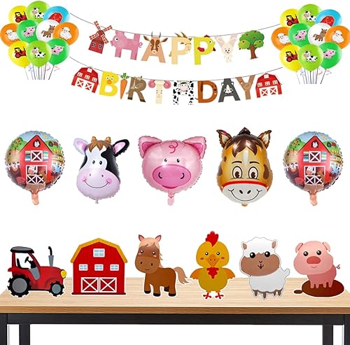 36 piezas de suministros para fiestas temáticas de granja, incluye centros de mesa de animales de granja, pancarta de granja y globos de látex de