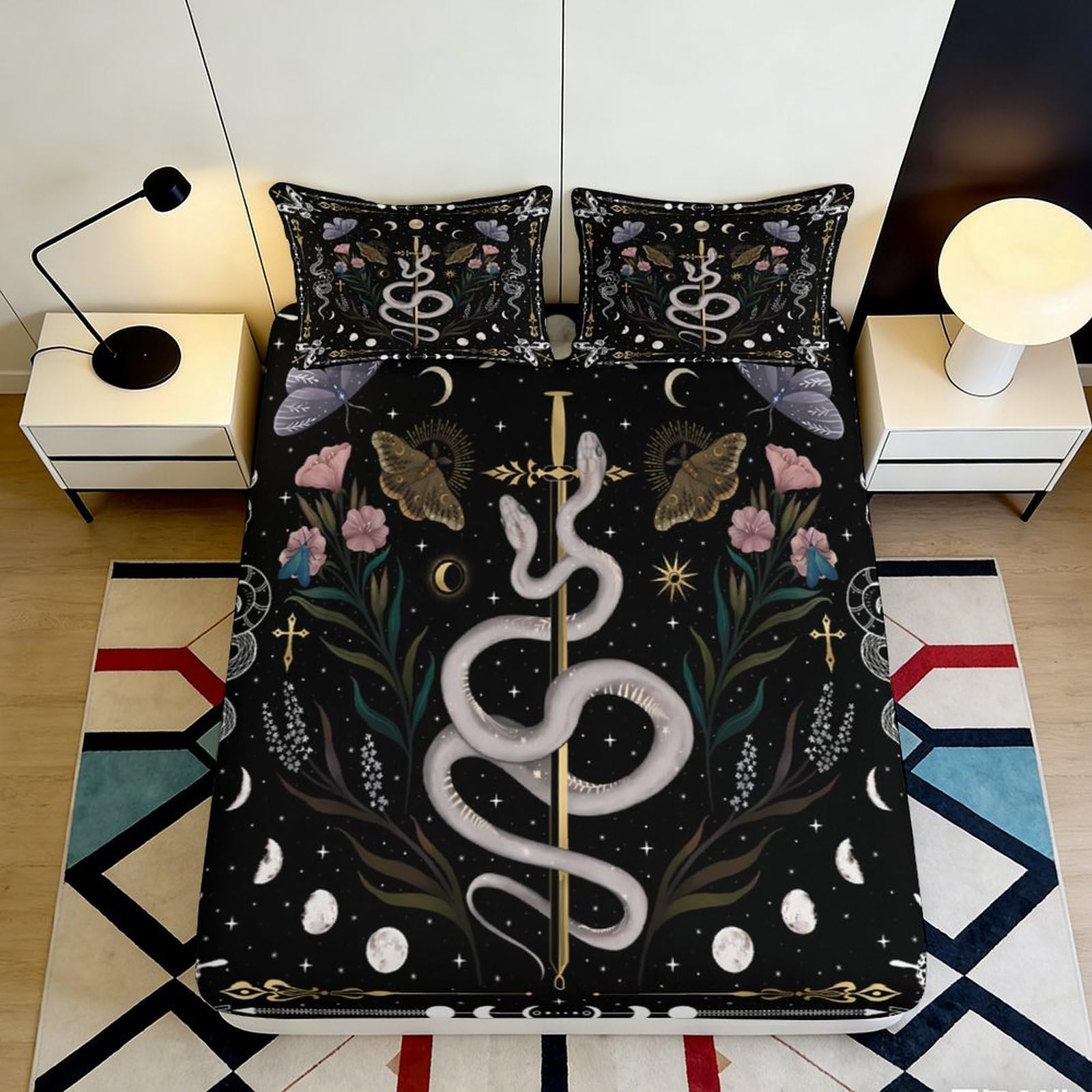 3D Printed Mystic Snake Pattern Fitted Sheet Microfiber Deep Pocket Bedroom Bedding Mystic Snake Mattress Fitted Cover Washable 90x200x25cm