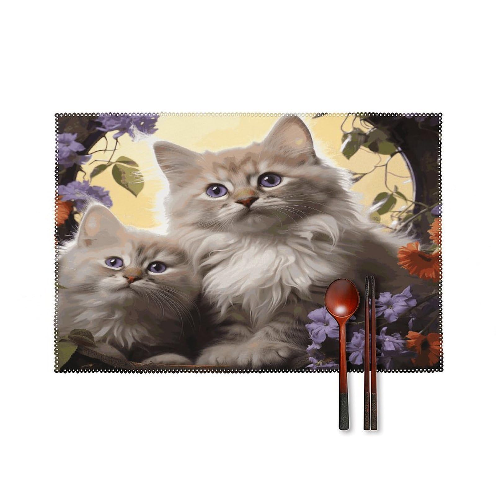 Cat Flowers Placemats Set of 4 Heat Resistant Non-Slip Place Mats for Dining Table Washable Placemat Wipeable Dining Table Mat Canvas Place Mats Dining Table Decor
