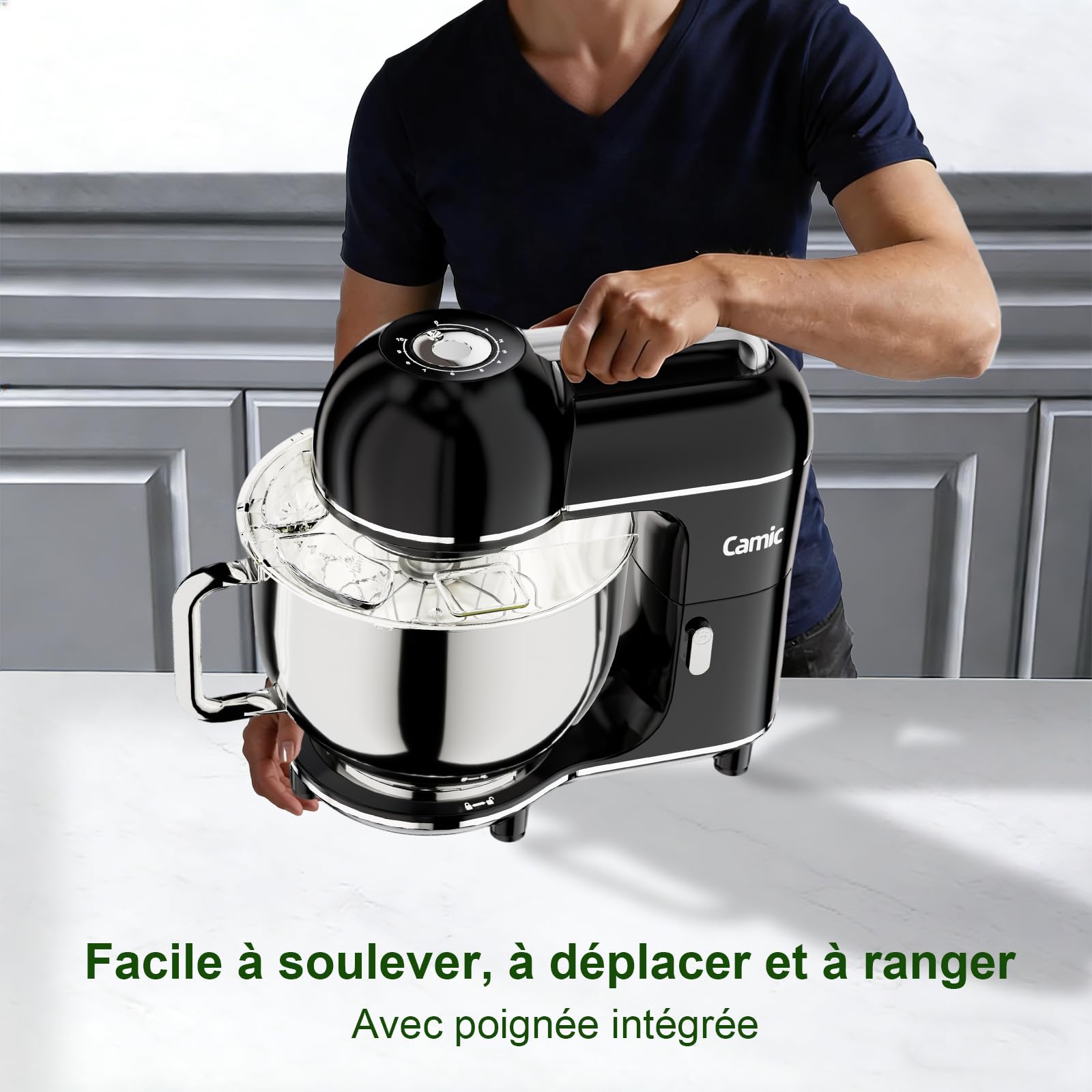 Camic Robot Pâtissier - 2000W - 10 niveaux de vitesse avec poignée de transport, bol mélangeur en inox (7L), pétrin avec crochet mélangeur, crochet pétrisseur, fouet