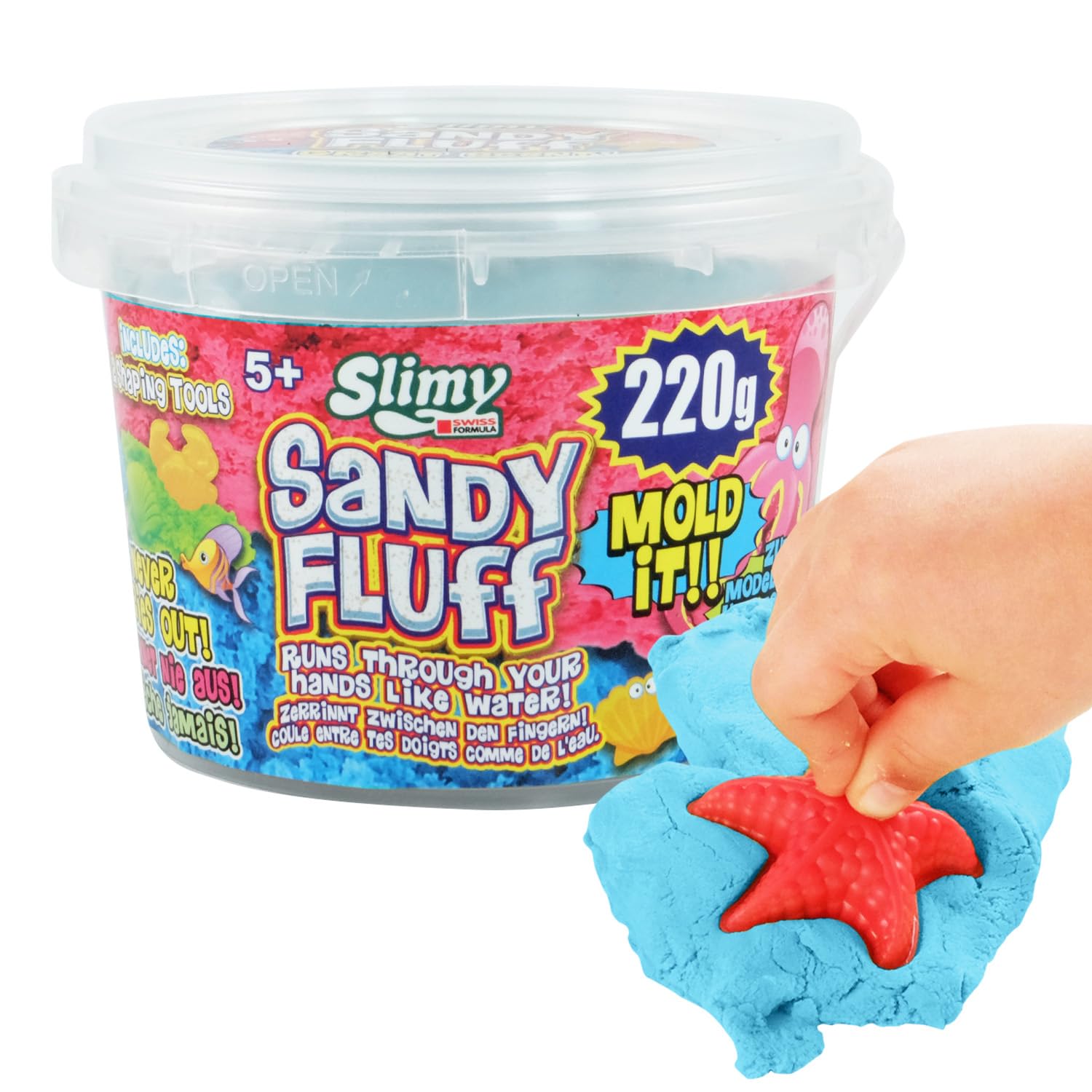 Sandy Fluff 220 g Blue Sand - Original Slime Sand for Children, Magic Play Clay Including Bucket and Two Shapes, Elastic Play Clay (Toy from 3 Years)
