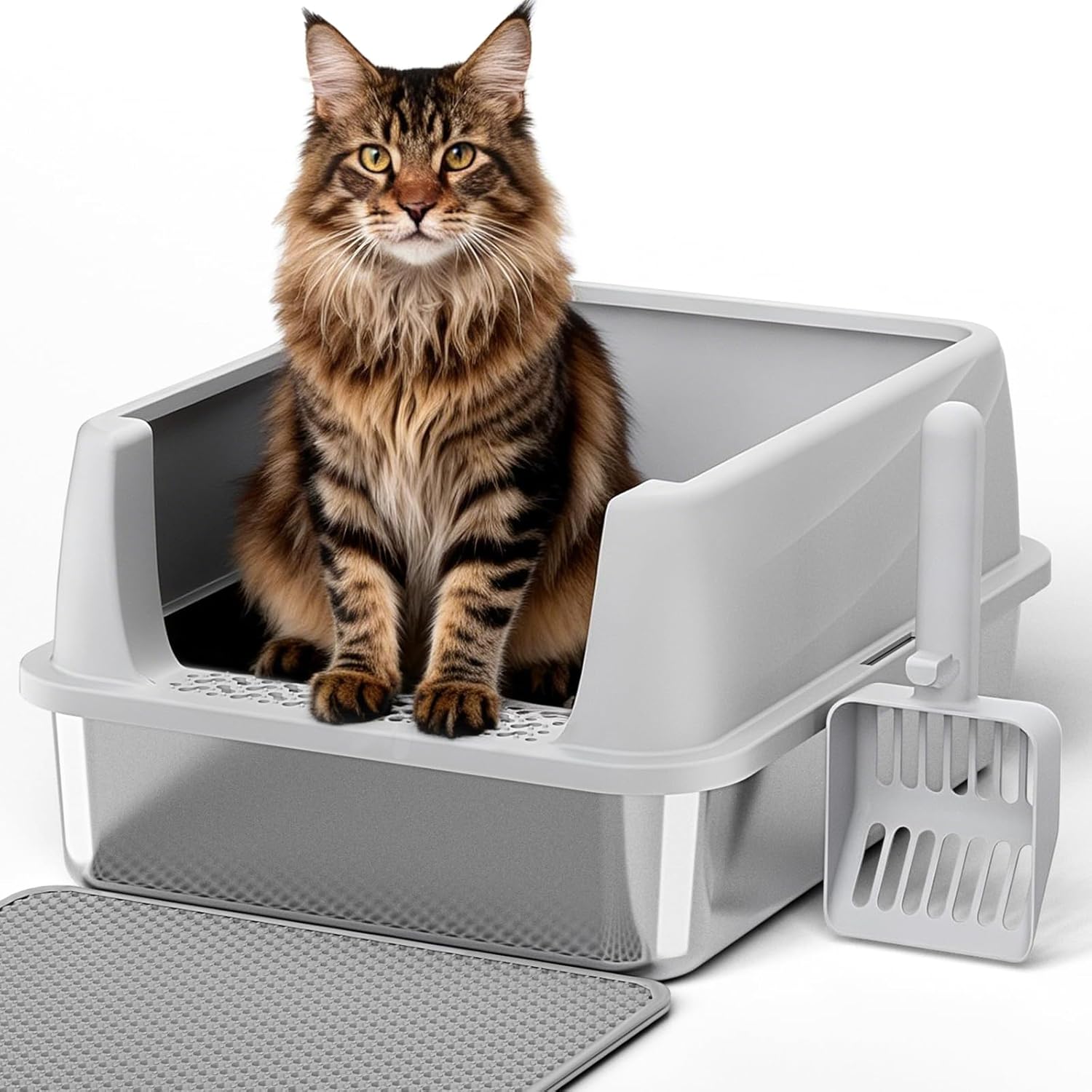 Henkelion Stainless Steel Cat Litter Box with Lid, Extra Large Litter Box for Big Cats with High Sided, Non-Sticky, Anti-Urine Leakage, Easy Cleaning, Include Cat Mat and Scoop with Holder (S)