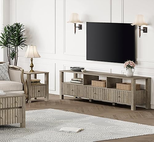 Miniatura 8 de WAMPAT Soporte de TV de 70 pulgadas con luz LED amarilla, centro de entretenimiento moderno para consola de TV de 75 pulgadas con armario de Luz