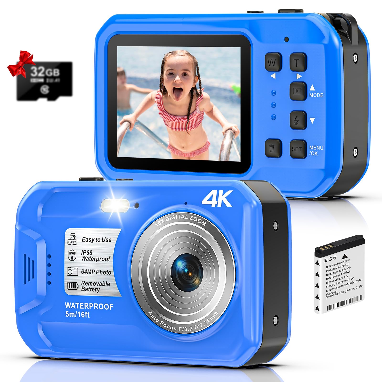 Appareil Photo Etanche Caméra sous-Marine 2,7k Caméra imperméable Full HD 64 MP 16ft pour plongée en apnée, écran de 2,7 Pouces 16x Zoom numérique et Carte de 32 Go